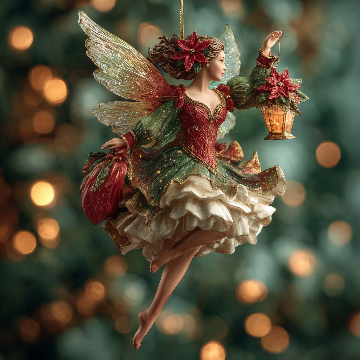 Poinsettia Fairy with a Lantern Christmas Ornament