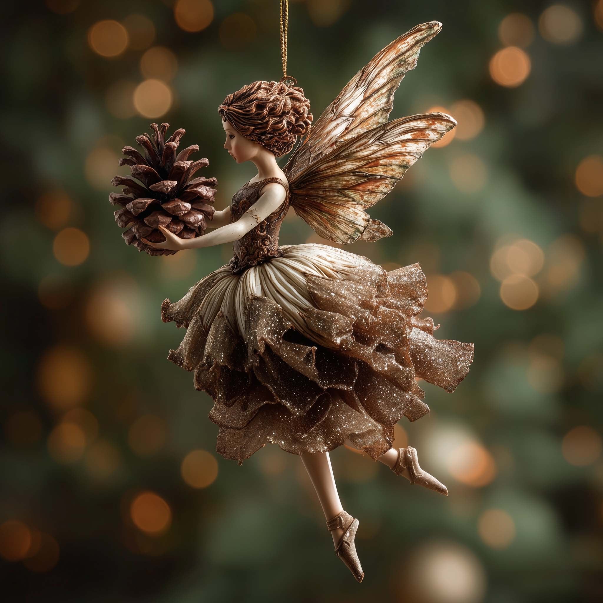 Pinecone Fairy in Autumn Gold Christmas Ornament