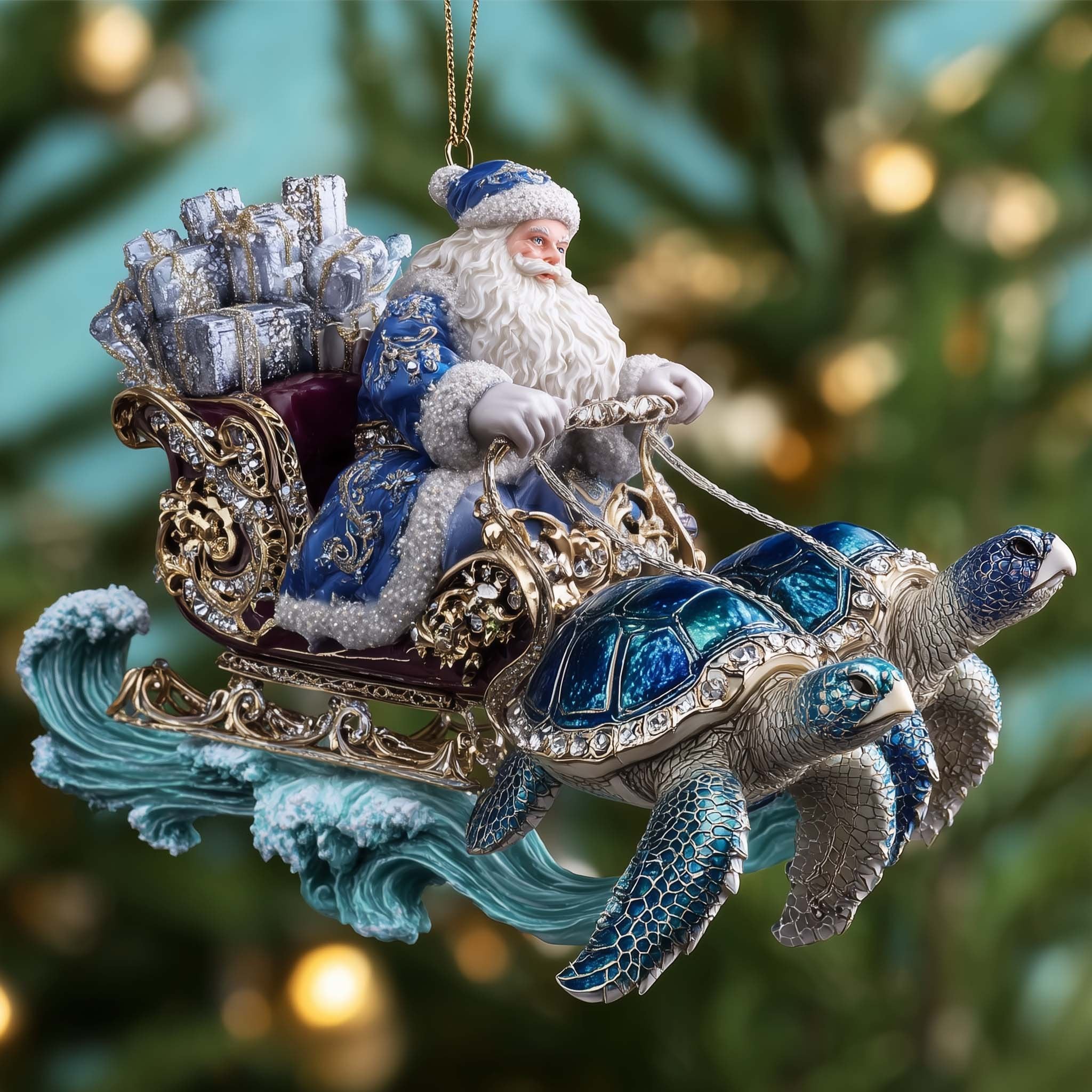 Santa's Sleigh Pulled by a Sea Turtle Christmas Ornament