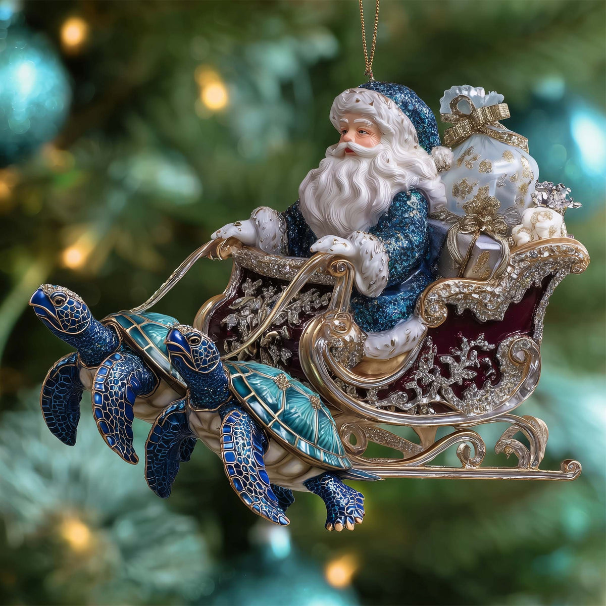 Blue Santa Sleigh with Twin Turtles Christmas Ornament