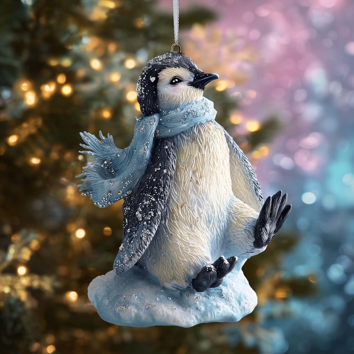 Penguin in a Blue Scarf Skating Christmas Ornament