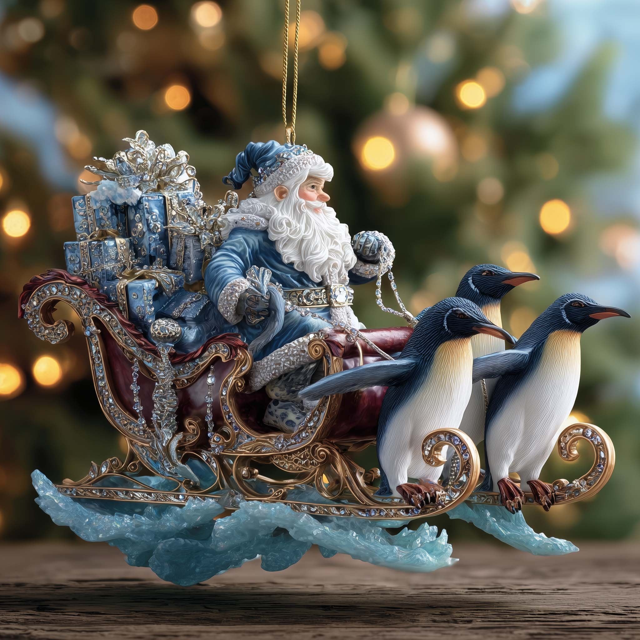 Santa's Sleigh with Penguin Helpers Christmas Ornament