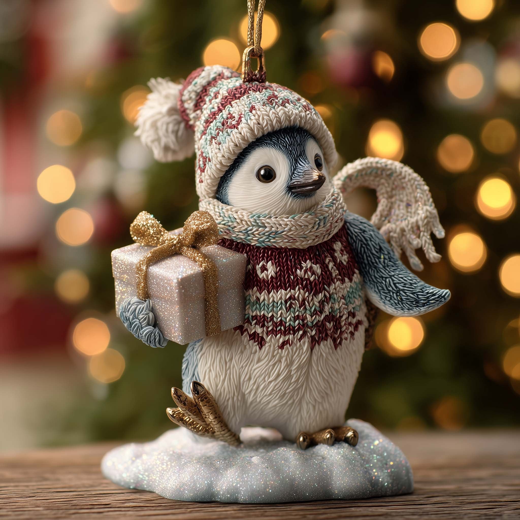 Penguin with a Christmas Present Christmas Ornament