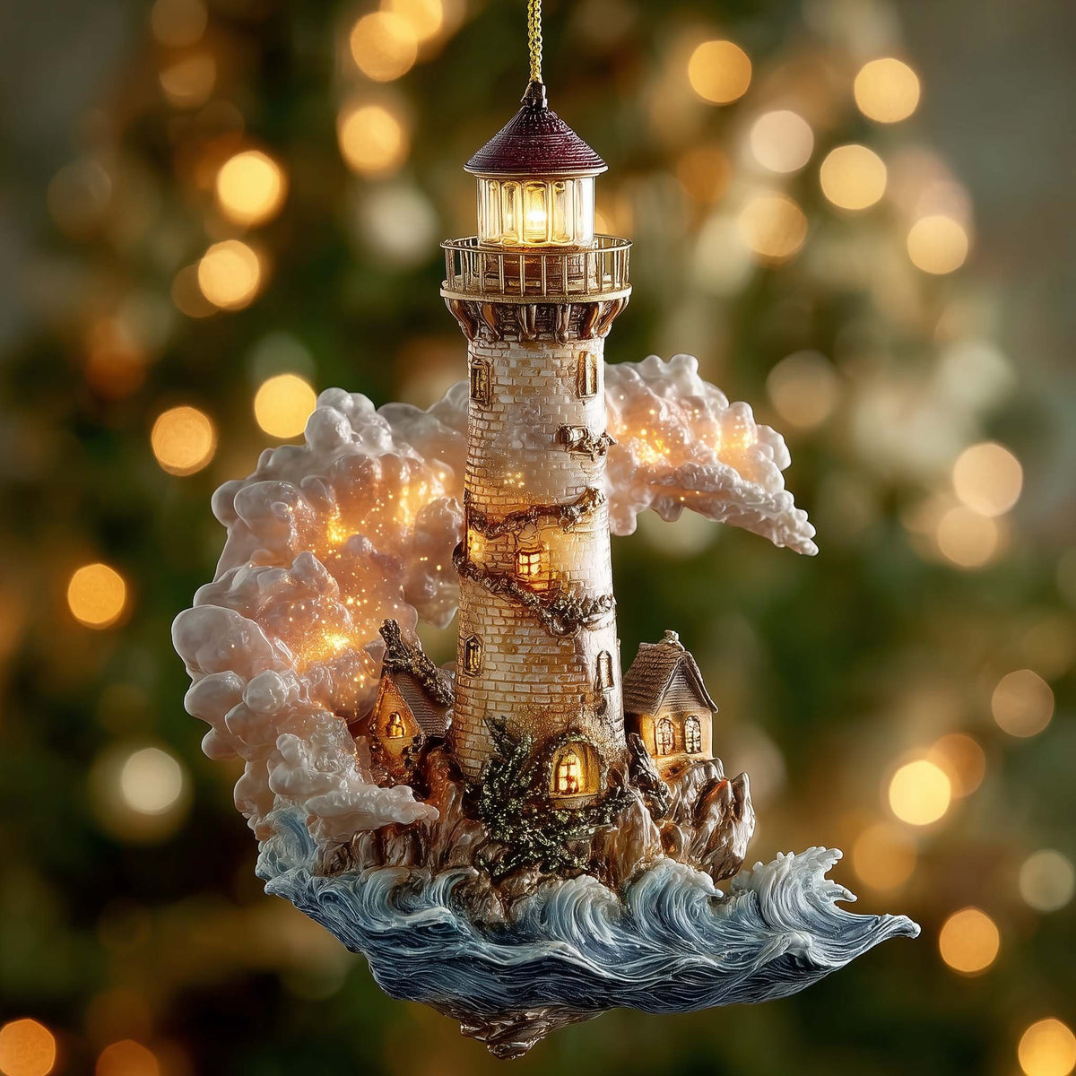 Lighthouse in Golden Mist Christmas Ornament