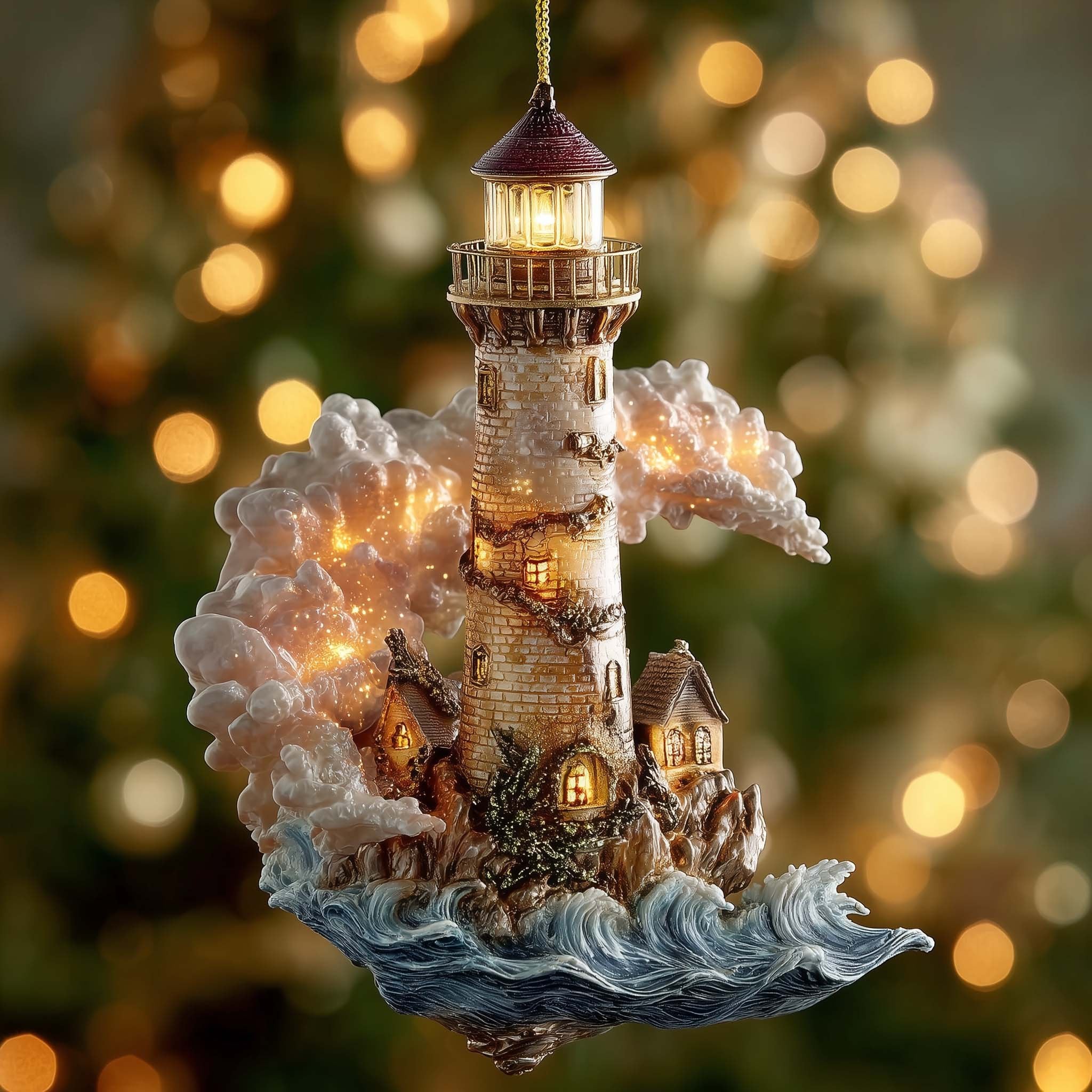 Lighthouse in Golden Mist Christmas Ornament