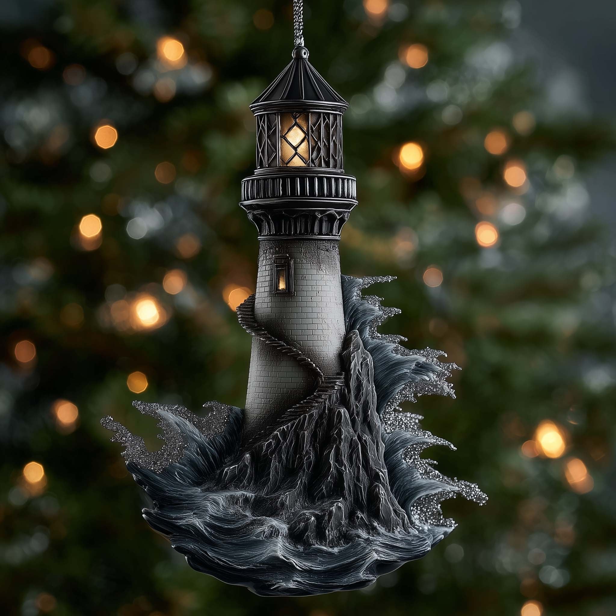 Lighthouse Wrapped in Dark Waves Christmas Ornament