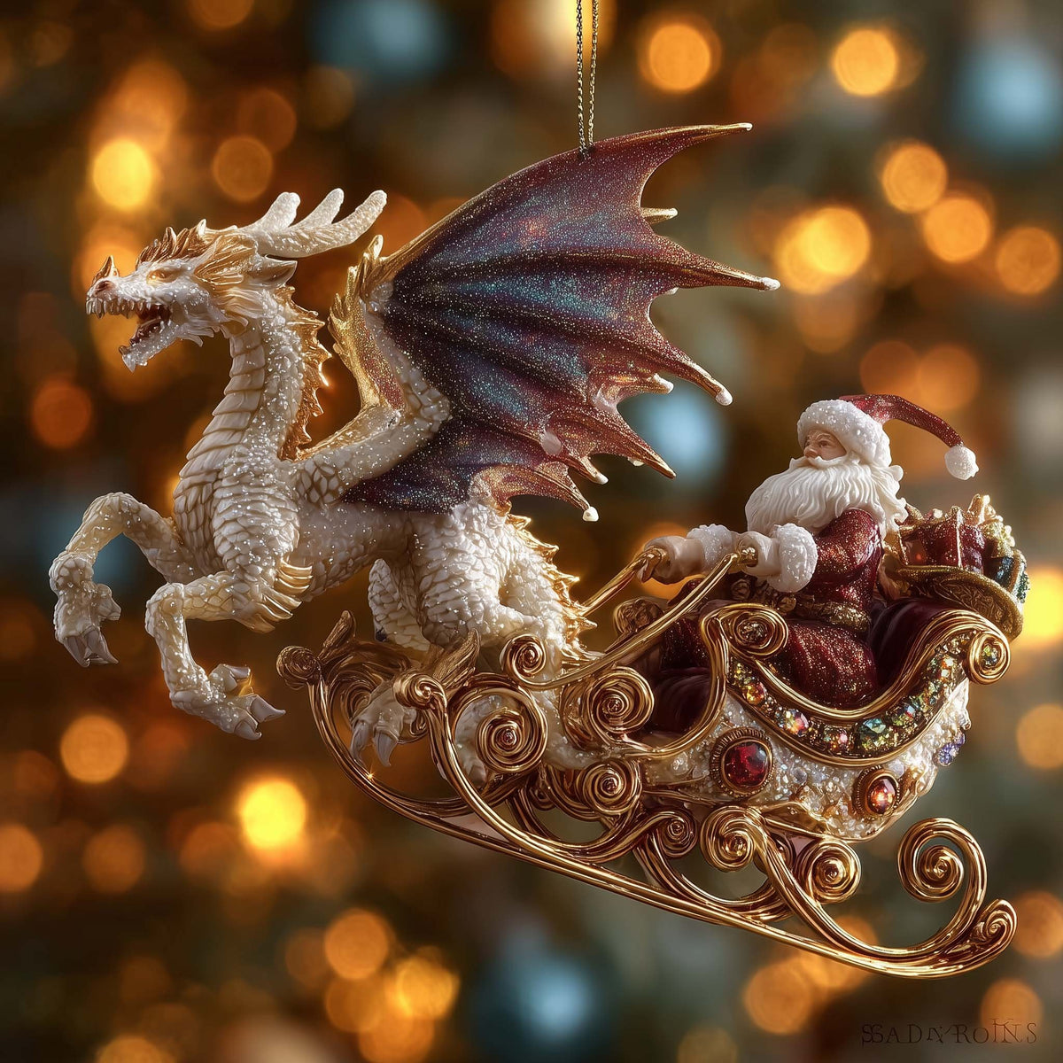 Dragon Pulling Santa's Sleigh Christmas Ornament