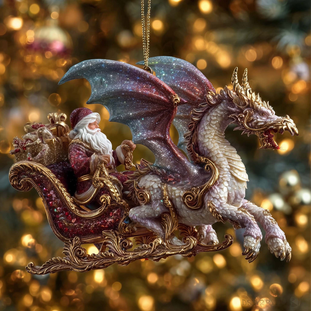 Pearl Dragon and the Golden Sleigh Christmas Ornament