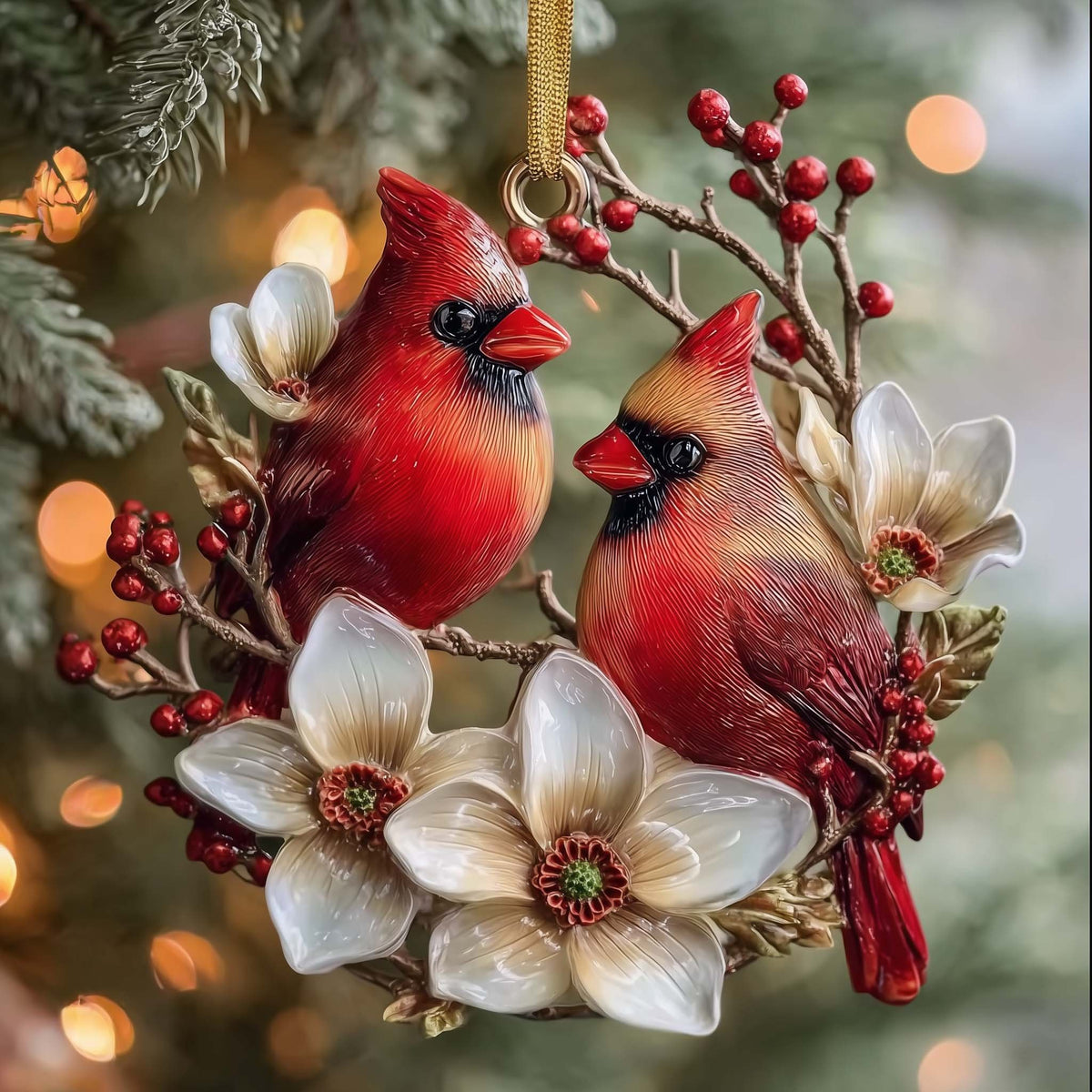 Cardinal Pair on Magnolia Blooms Christmas Ornament