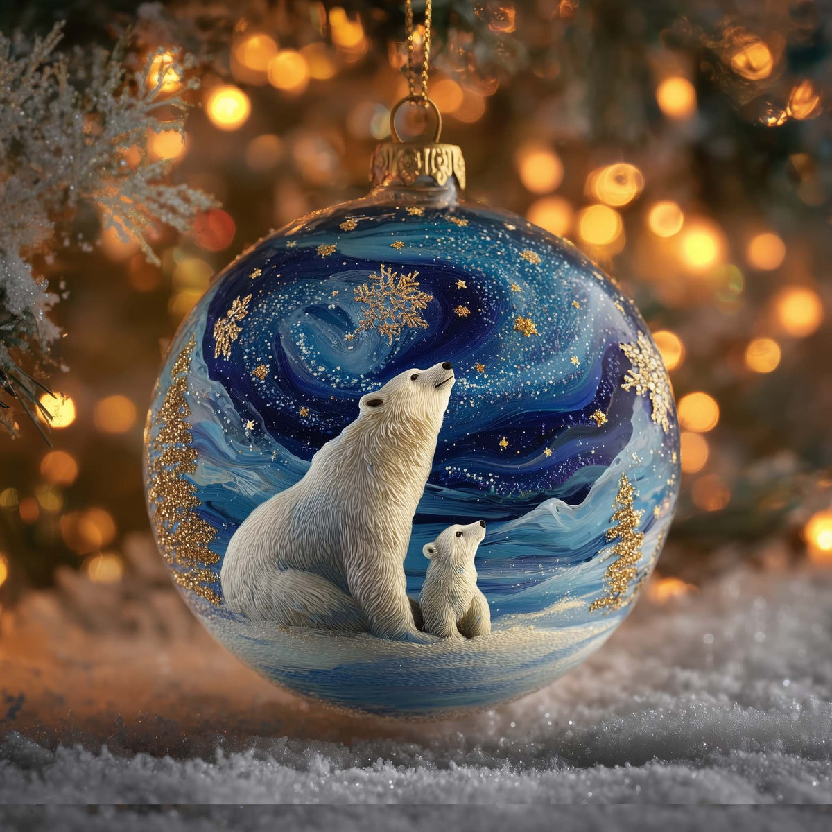 Polar Bear and Cub Night Globe Christmas Ornament