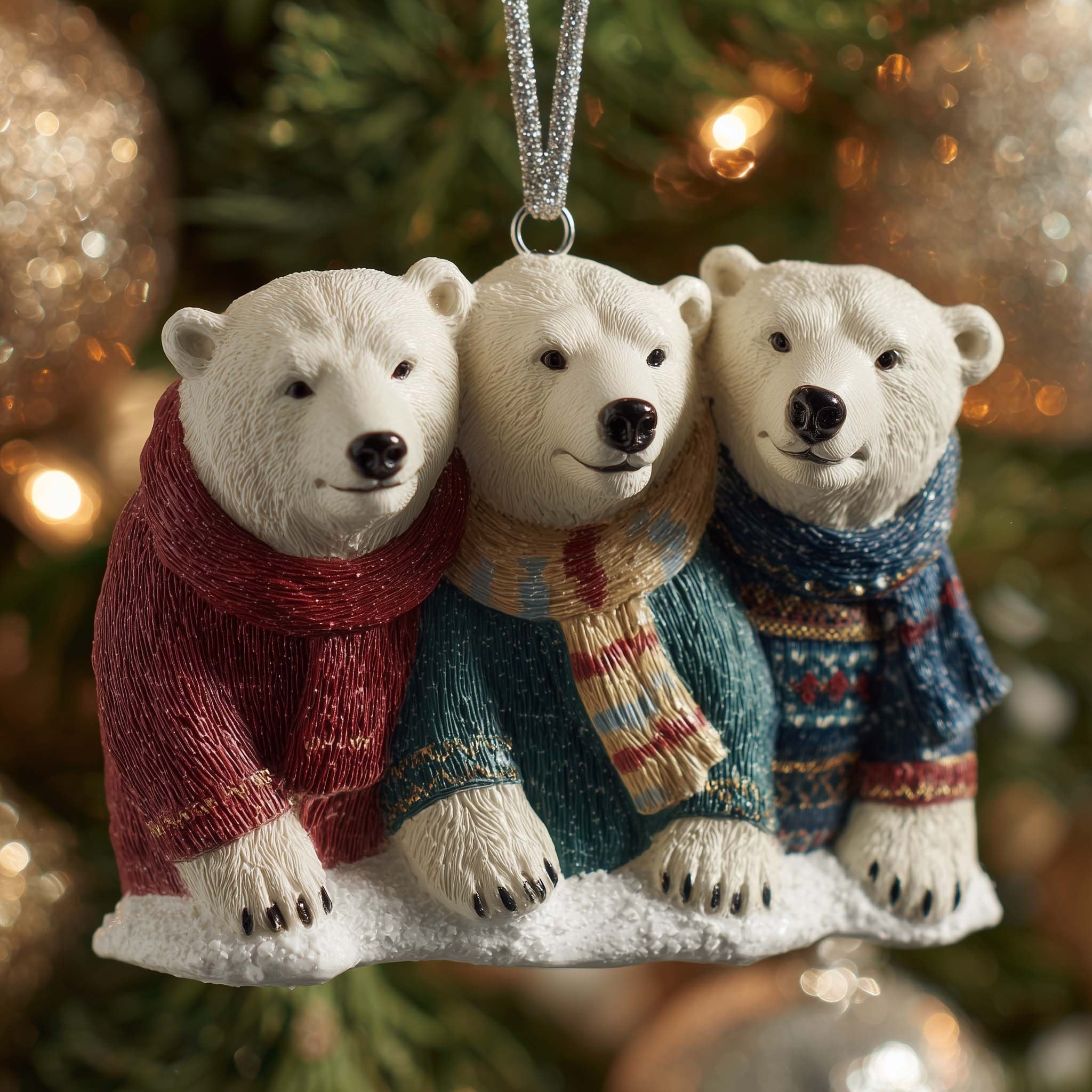 Three Polar Bears in Jumpers Christmas Ornament