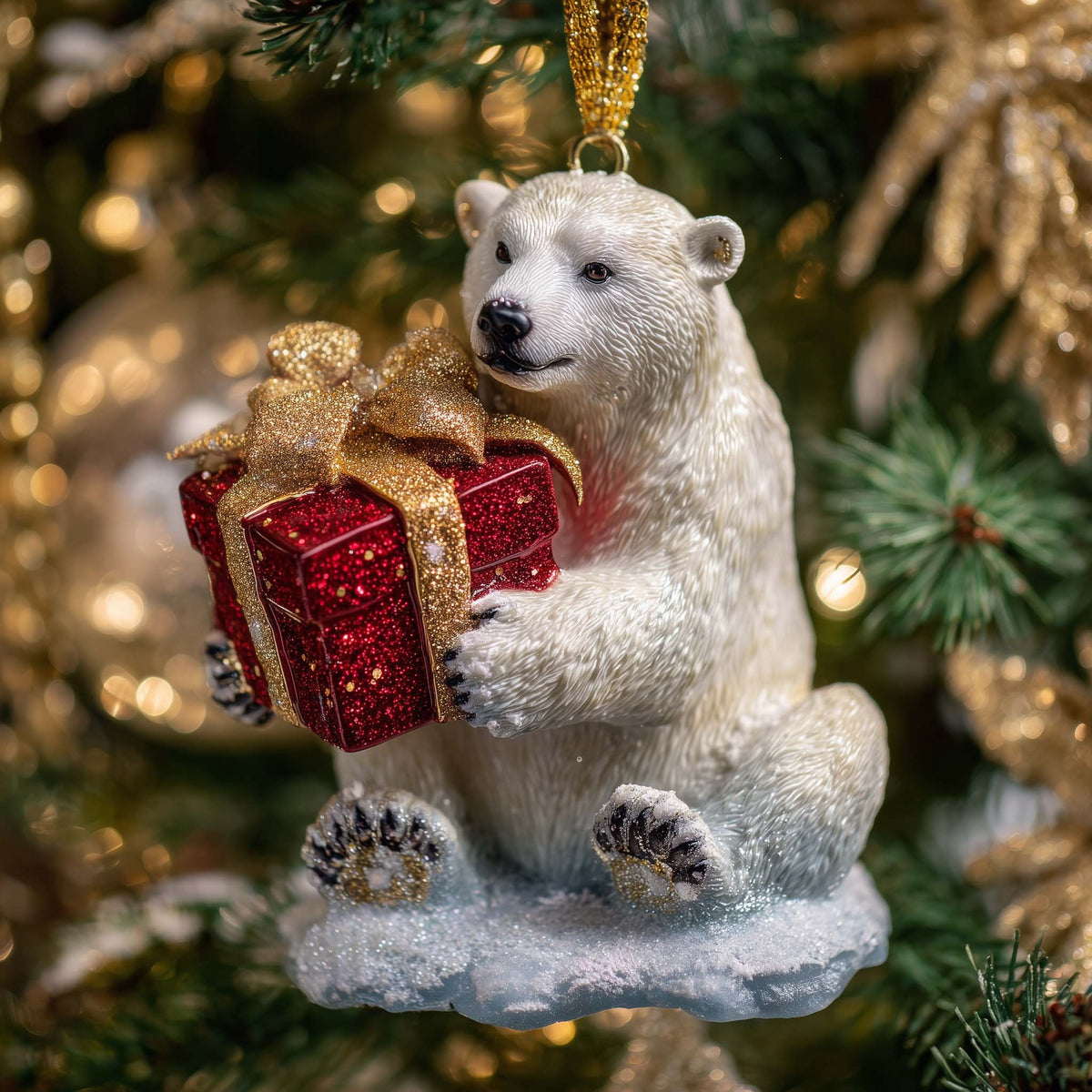 Polar Bear with a Red Gift Christmas Ornament