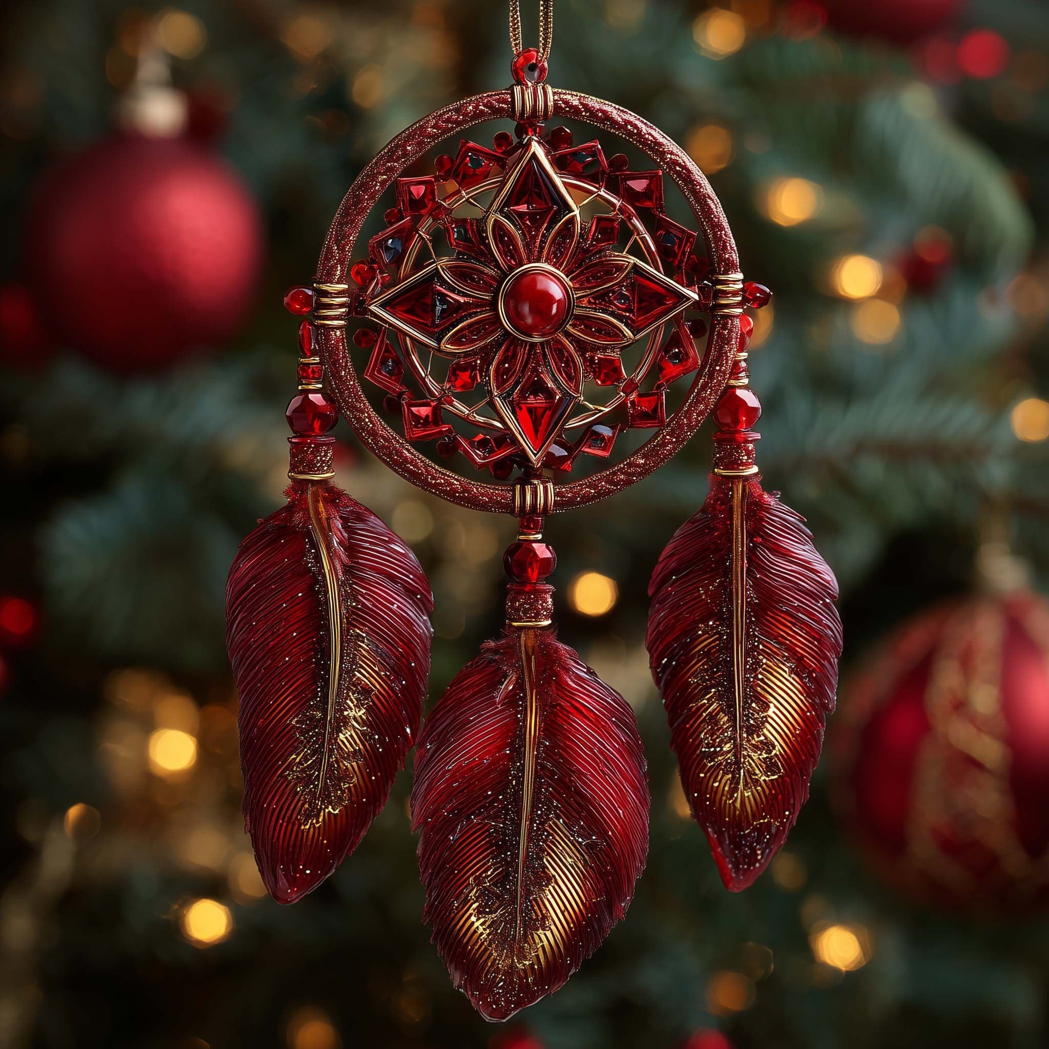 Ruby and Gold Dreamcatcher Christmas Ornament
