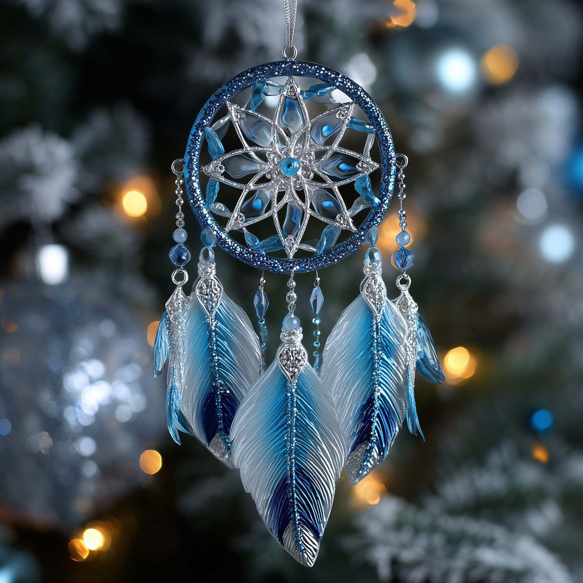 Ice Blue Snowflake Dreamcatcher Christmas Ornament