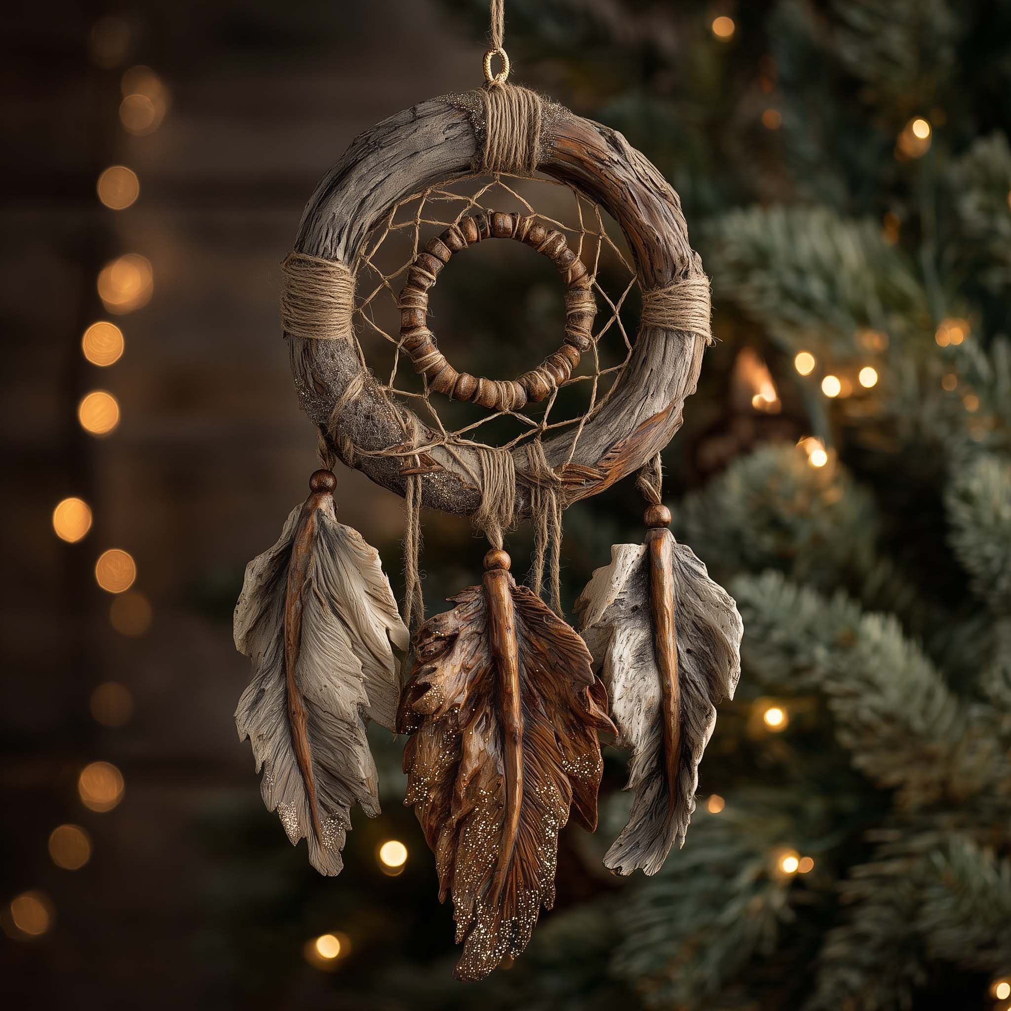 Rustic Twin Ring Dreamcatcher Christmas Ornament