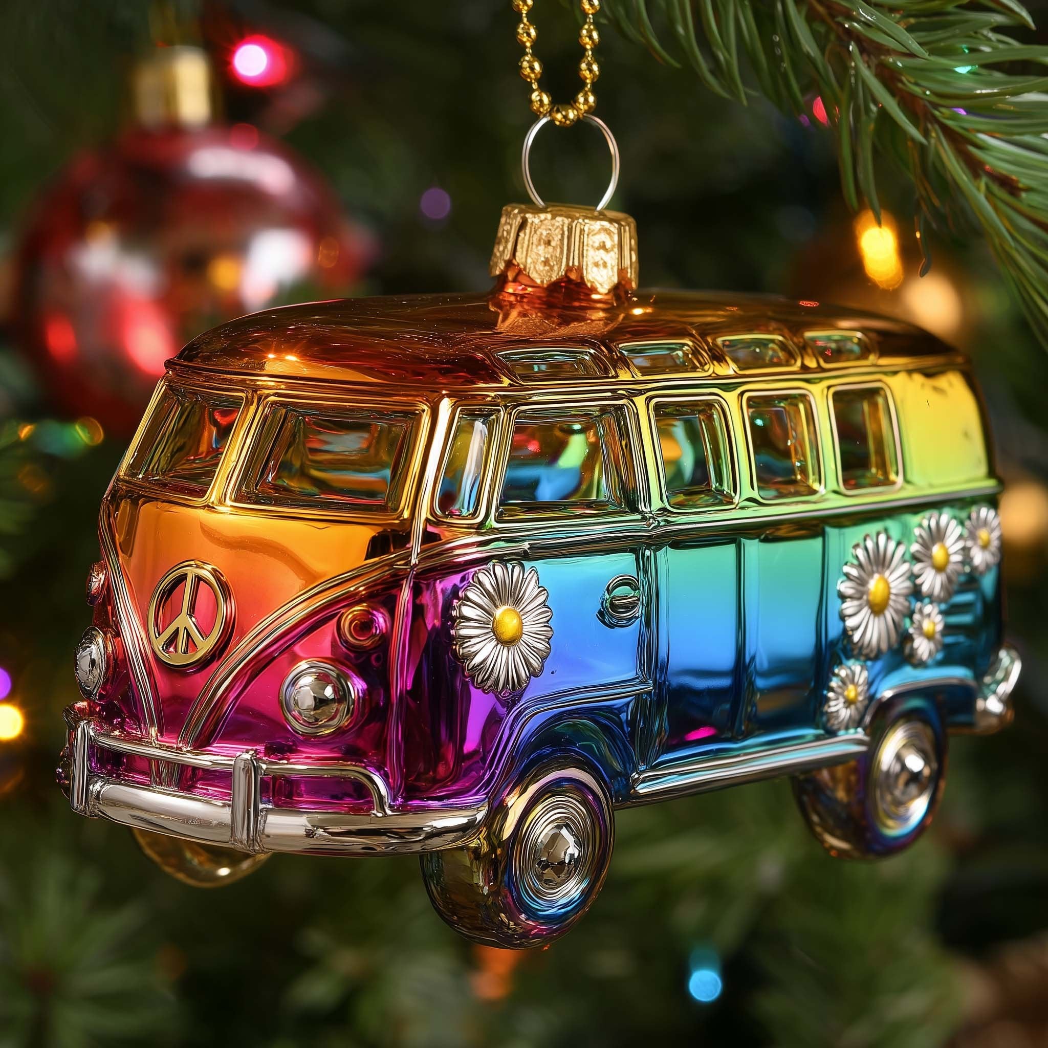 Rainbow Chrome Camper Van Christmas Ornament