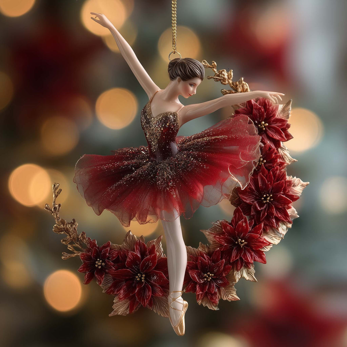 Poinsettia Wreath Ballerina Christmas Ornament