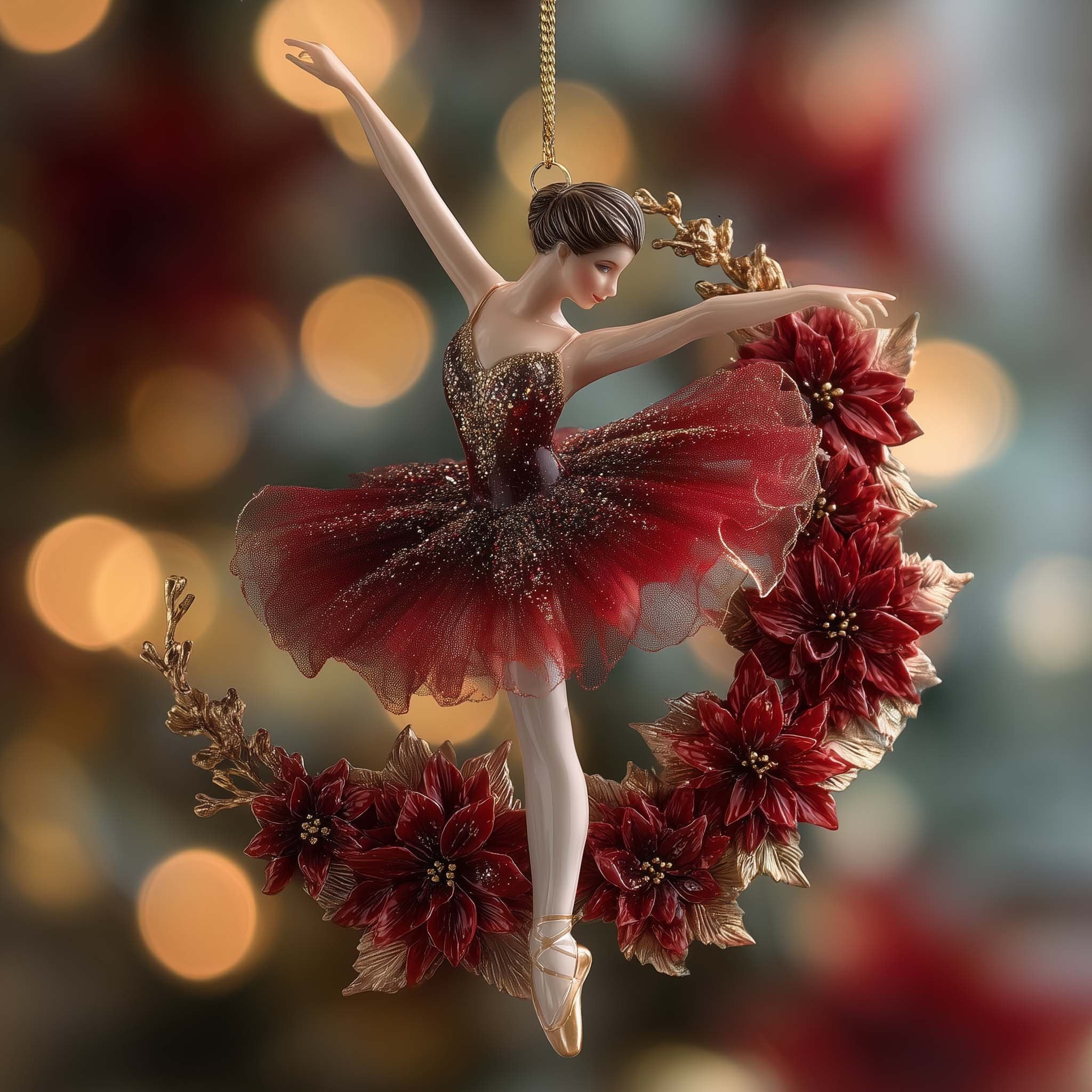 Poinsettia Wreath Ballerina Christmas Ornament