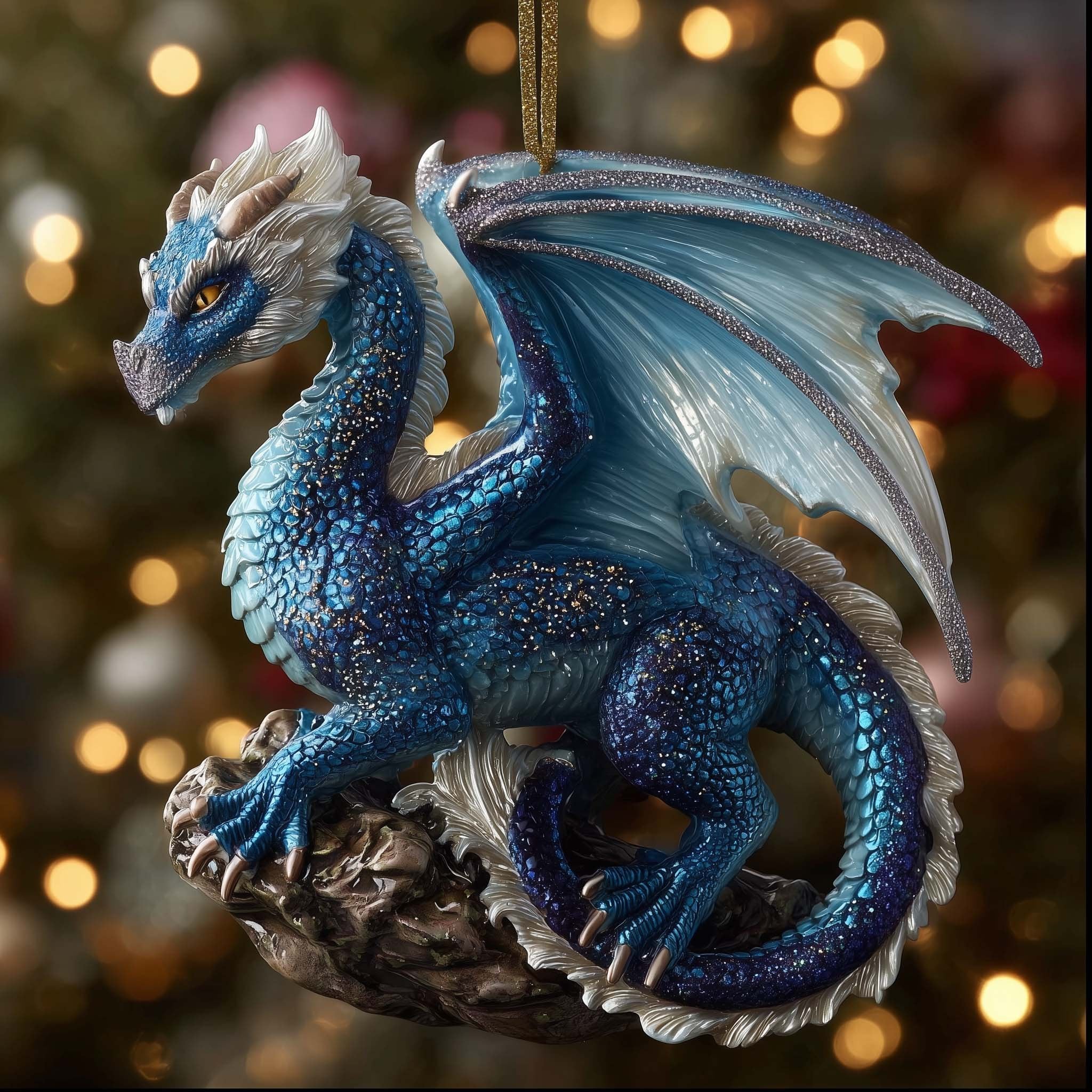 Sapphire Dragon on a Rock Christmas Ornament