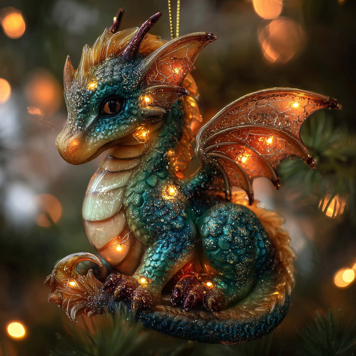 Teal Dragon with Fairy Lights Christmas Ornament