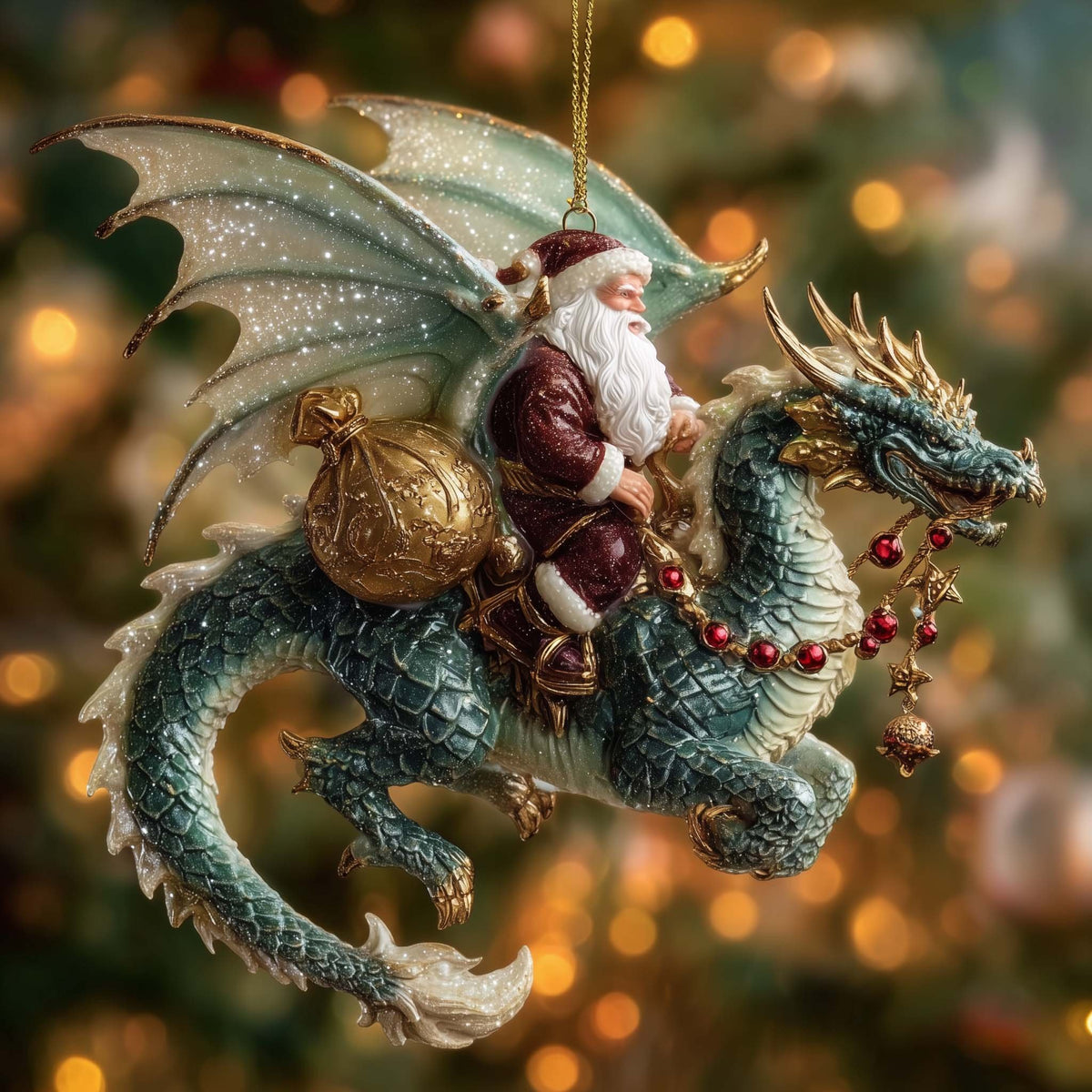 Santa Riding a Frost Green Dragon Christmas Ornament