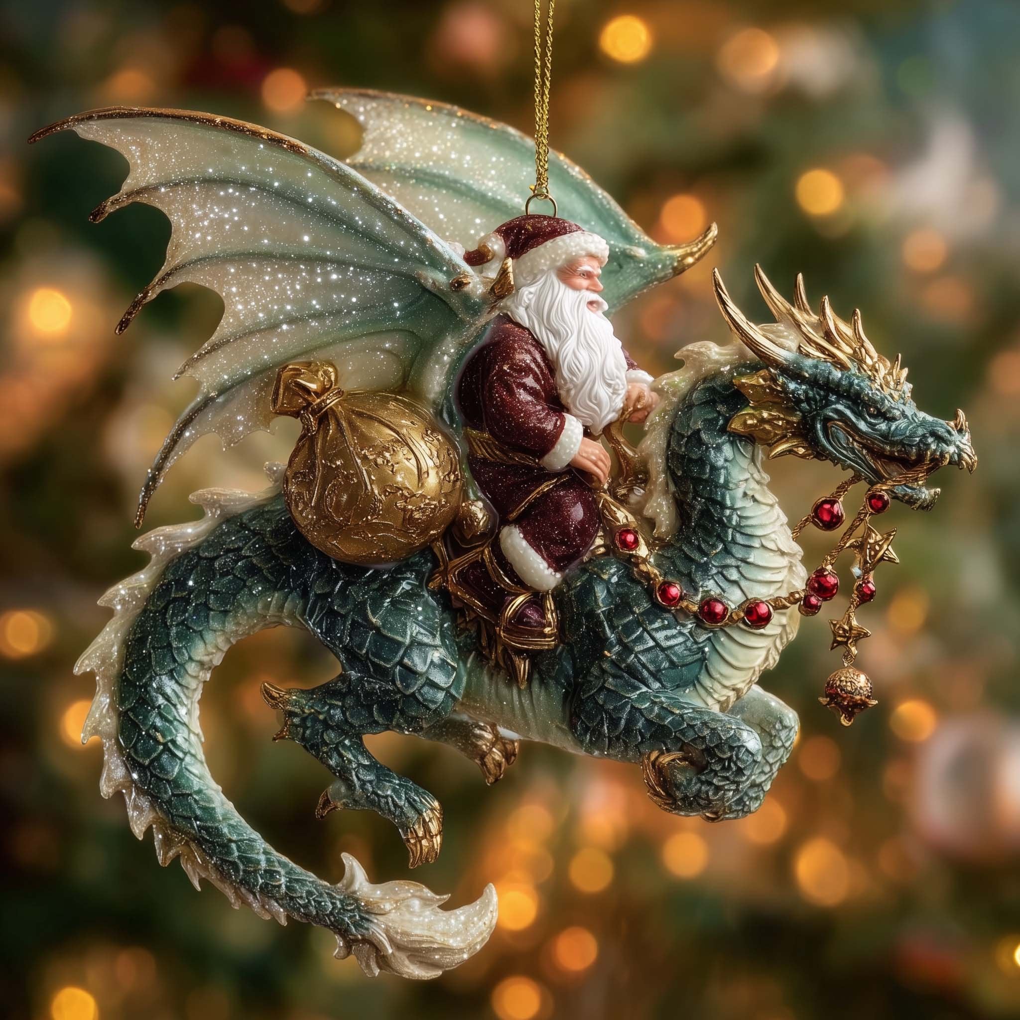 Santa Riding a Frost Green Dragon Christmas Ornament