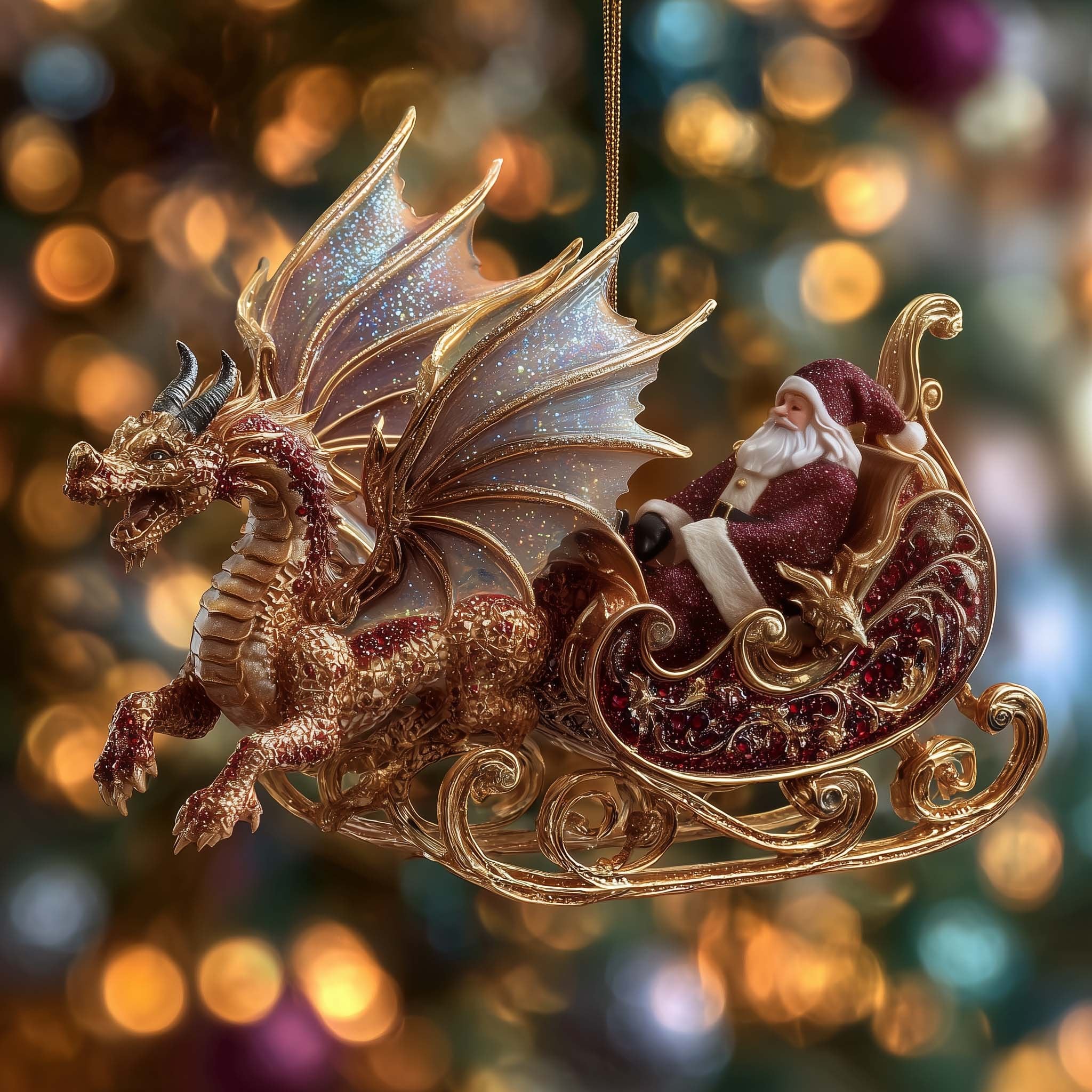 Bronze Dragon and Santa's Sleigh Christmas Ornament