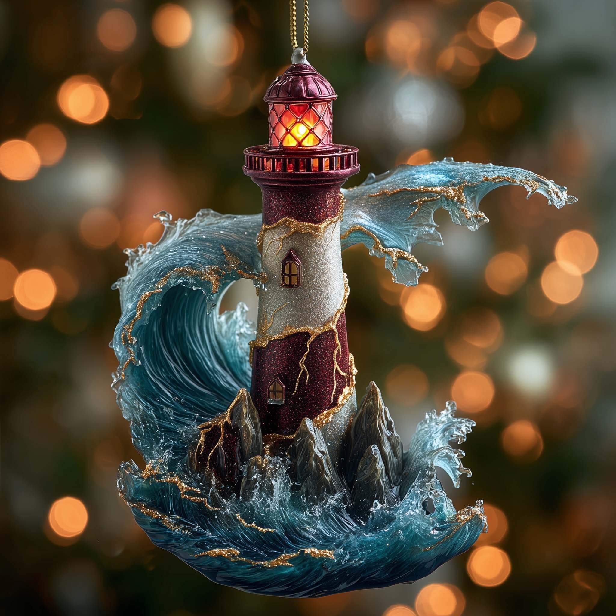 Crimson Lighthouse Riding the Wave Christmas Ornament