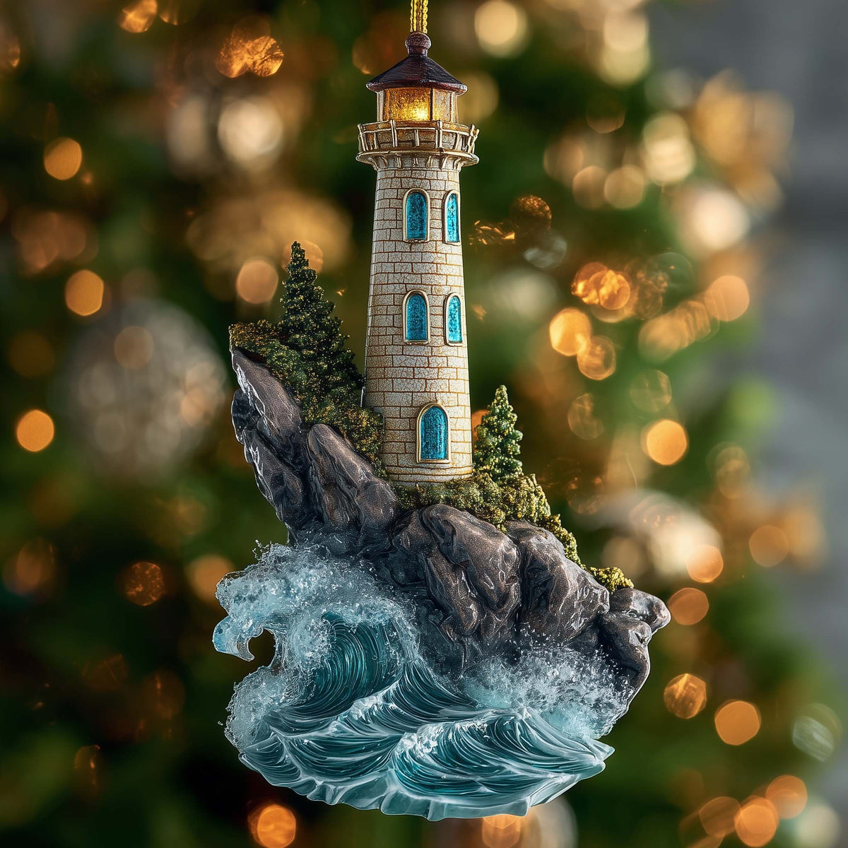 Lighthouse on a Rocky Point Christmas Ornament