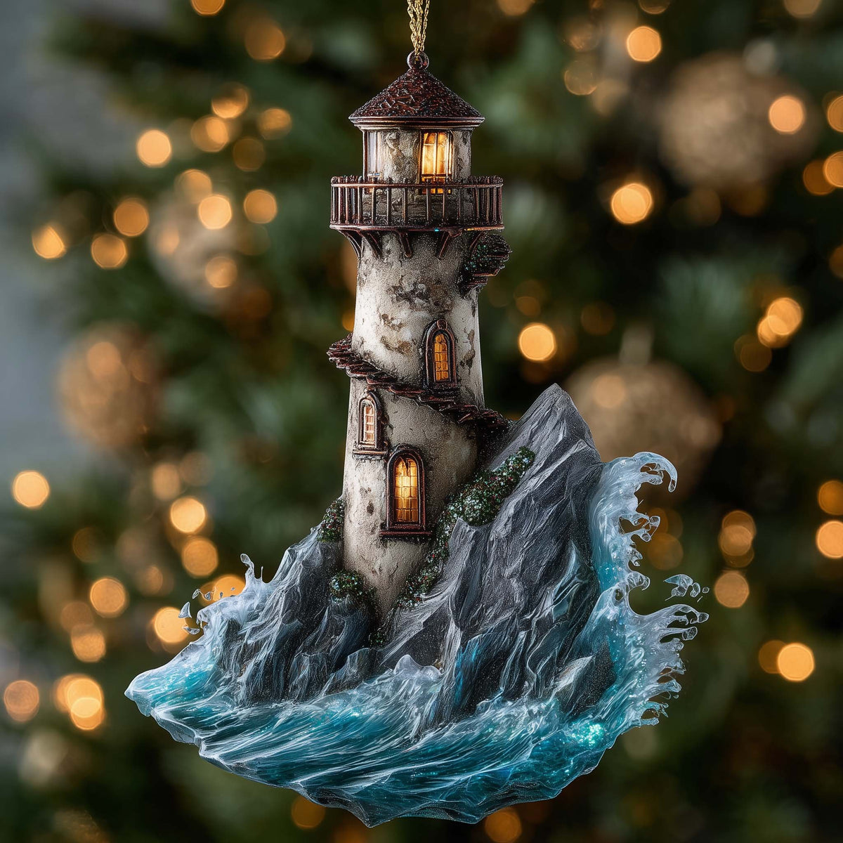 Lighthouse on a Turquoise Swell Christmas Ornament