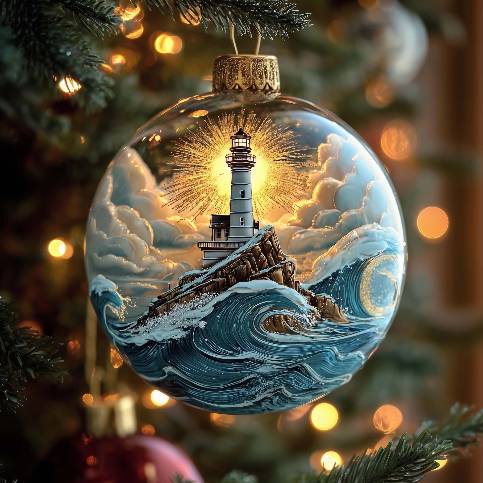 Lighthouse Beacon Snow Globe Christmas Ornament