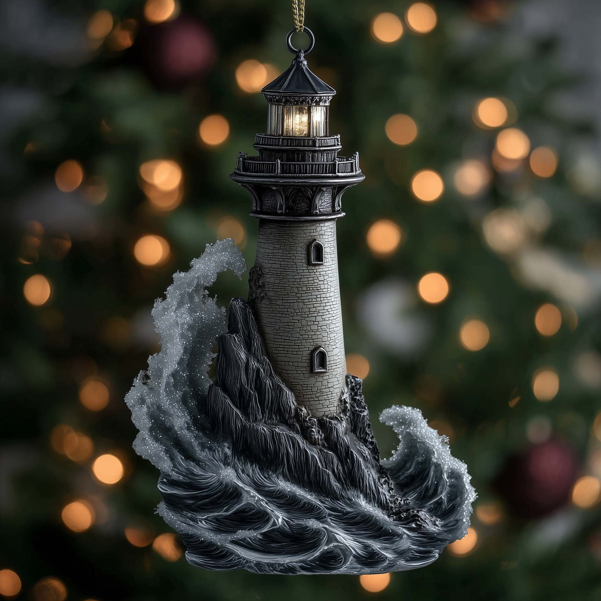Charcoal Lighthouse in Rough Seas Christmas Ornament