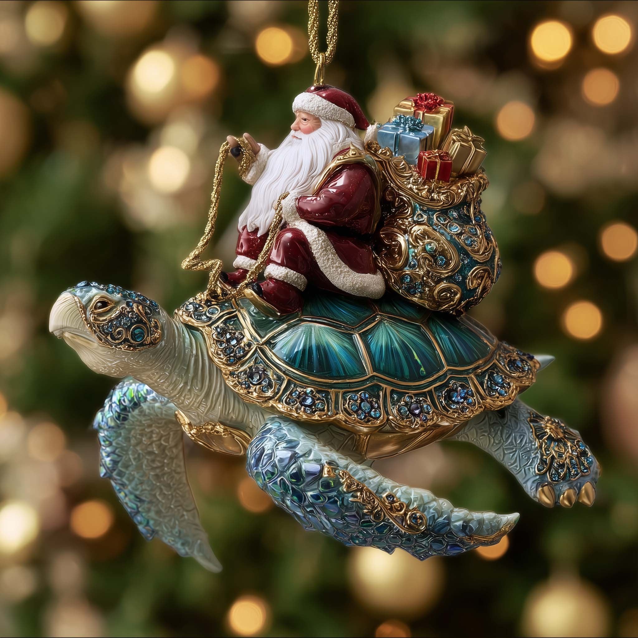 Santa Riding a Jewelled Sea Turtle Christmas Ornament