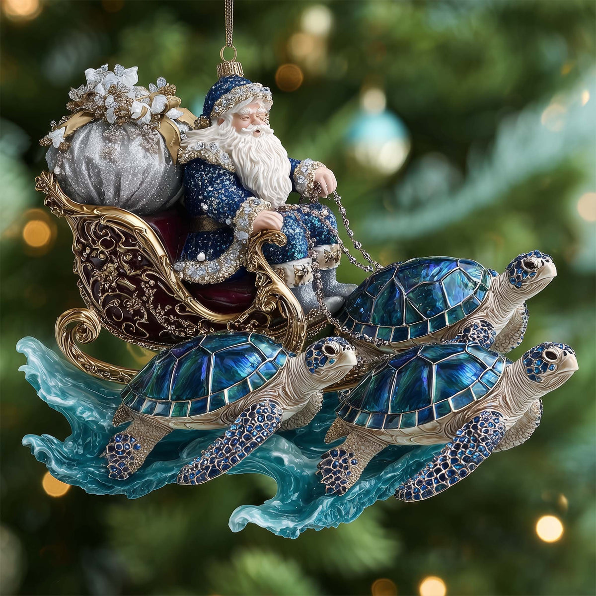 Blue Santa and the Turtle Sleigh Christmas Ornament