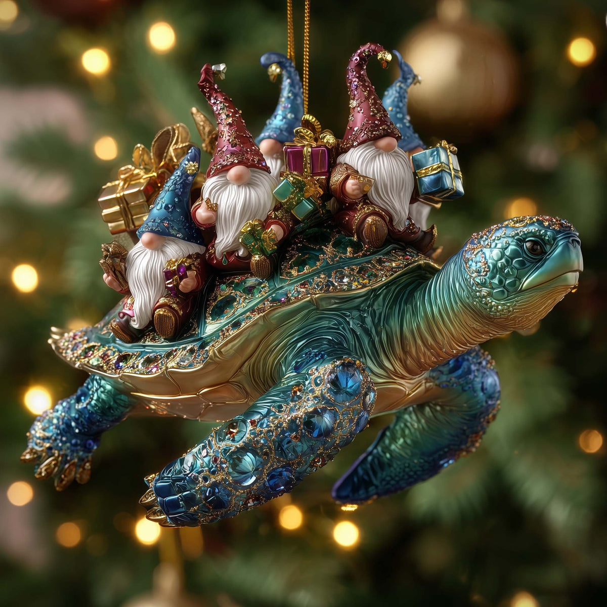 Gnomes Riding a Sea Turtle Christmas Ornament