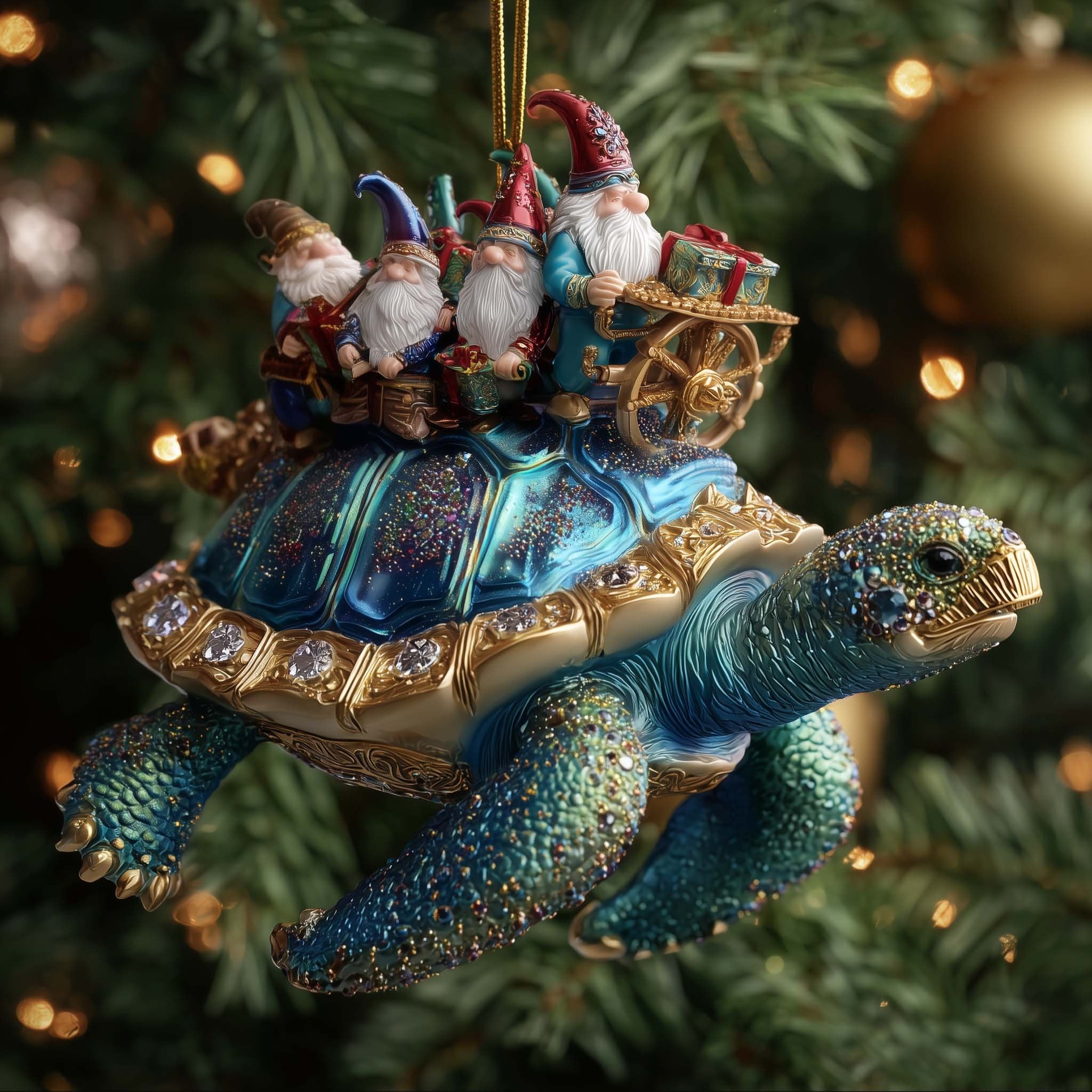 Gnome Cart on a Turtle's Back Christmas Ornament