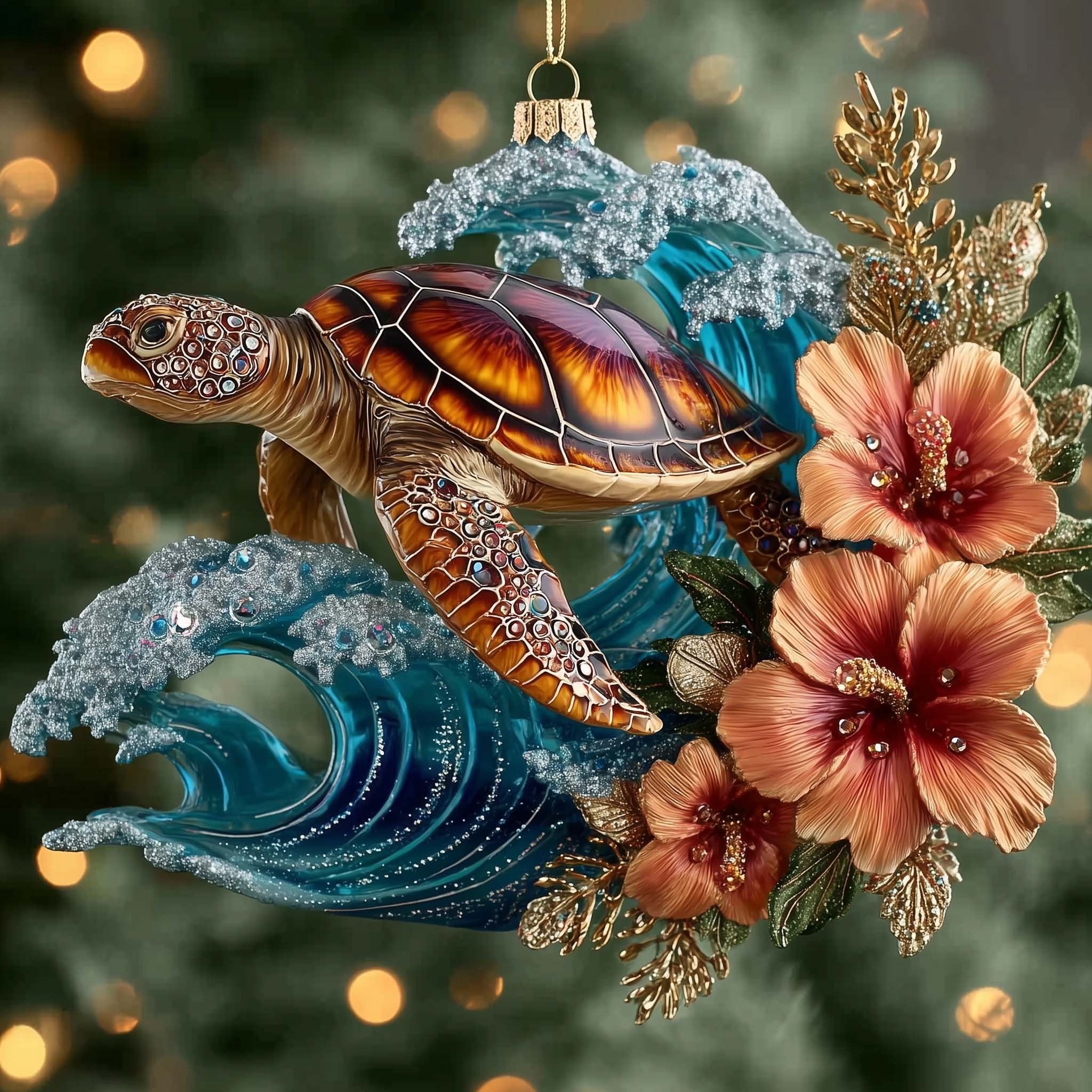 Sea Turtle in Hibiscus Waves Christmas Ornament