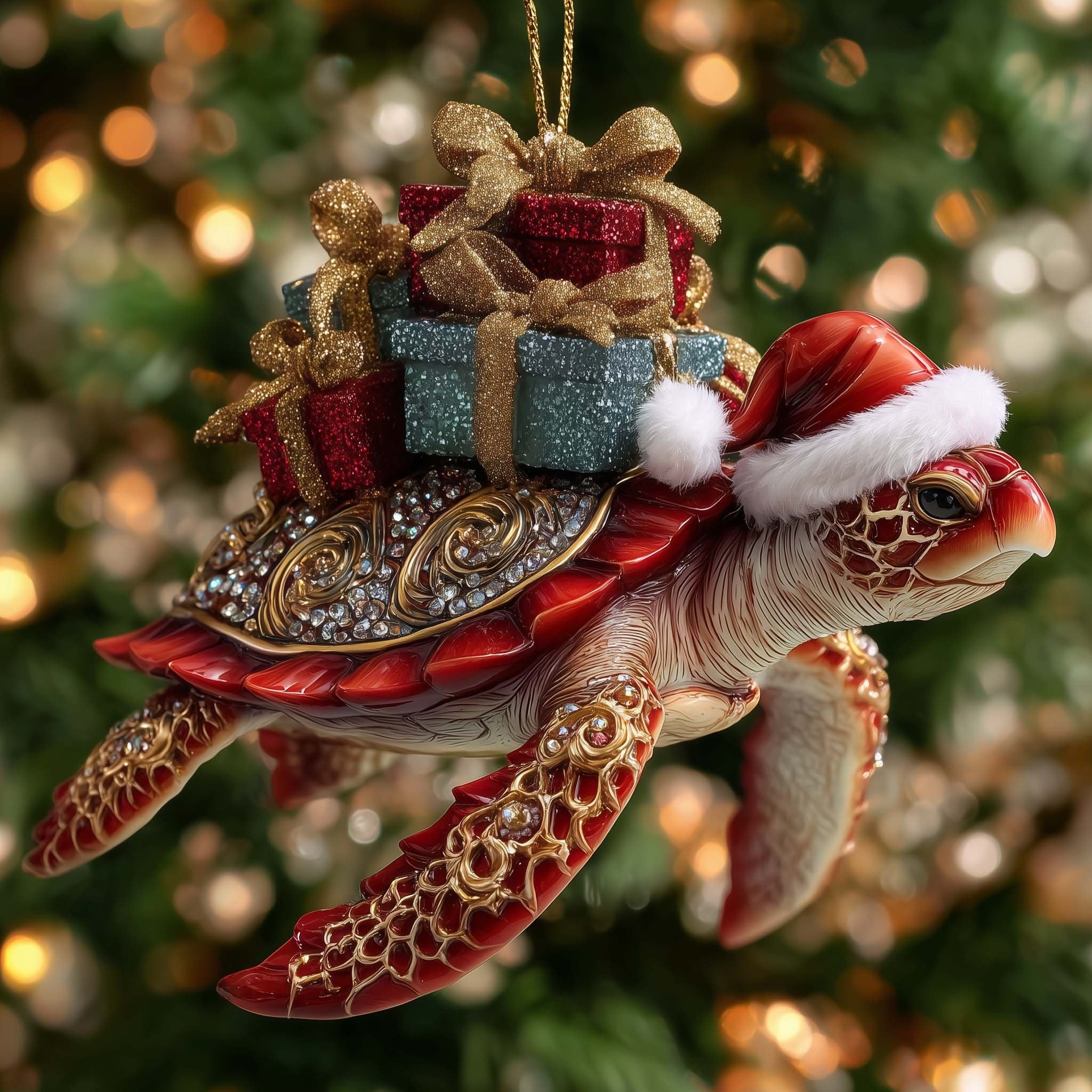 Santa Hat Turtle Carrying Gifts Christmas Ornament