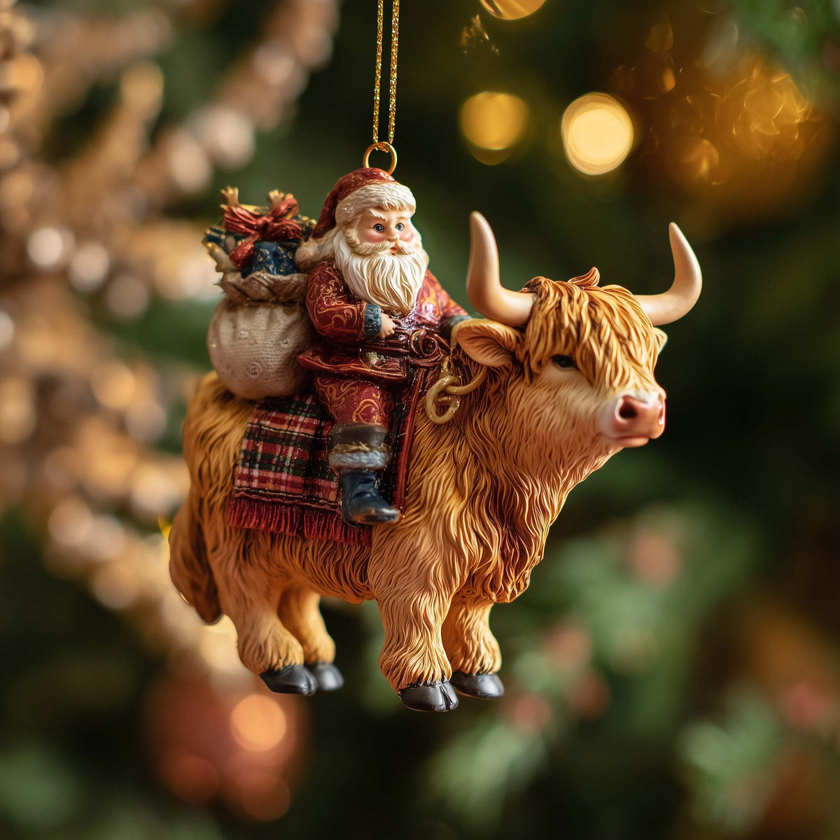 Santa Riding a Highland Cow Christmas Ornament