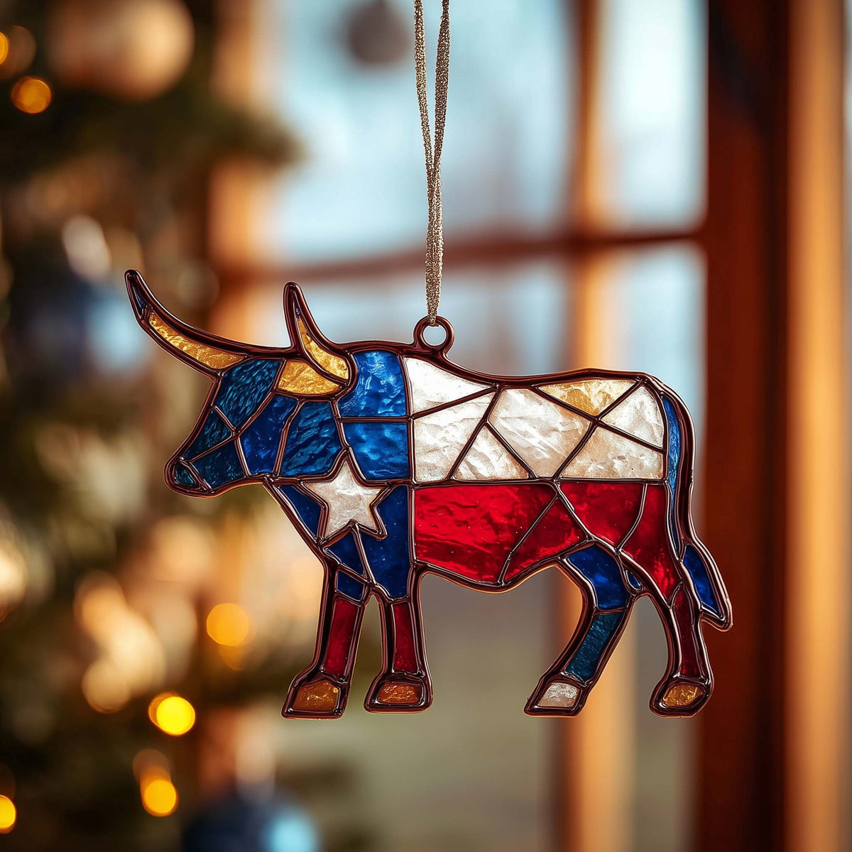 Texas Flag Bull Stained Glass Christmas Ornament