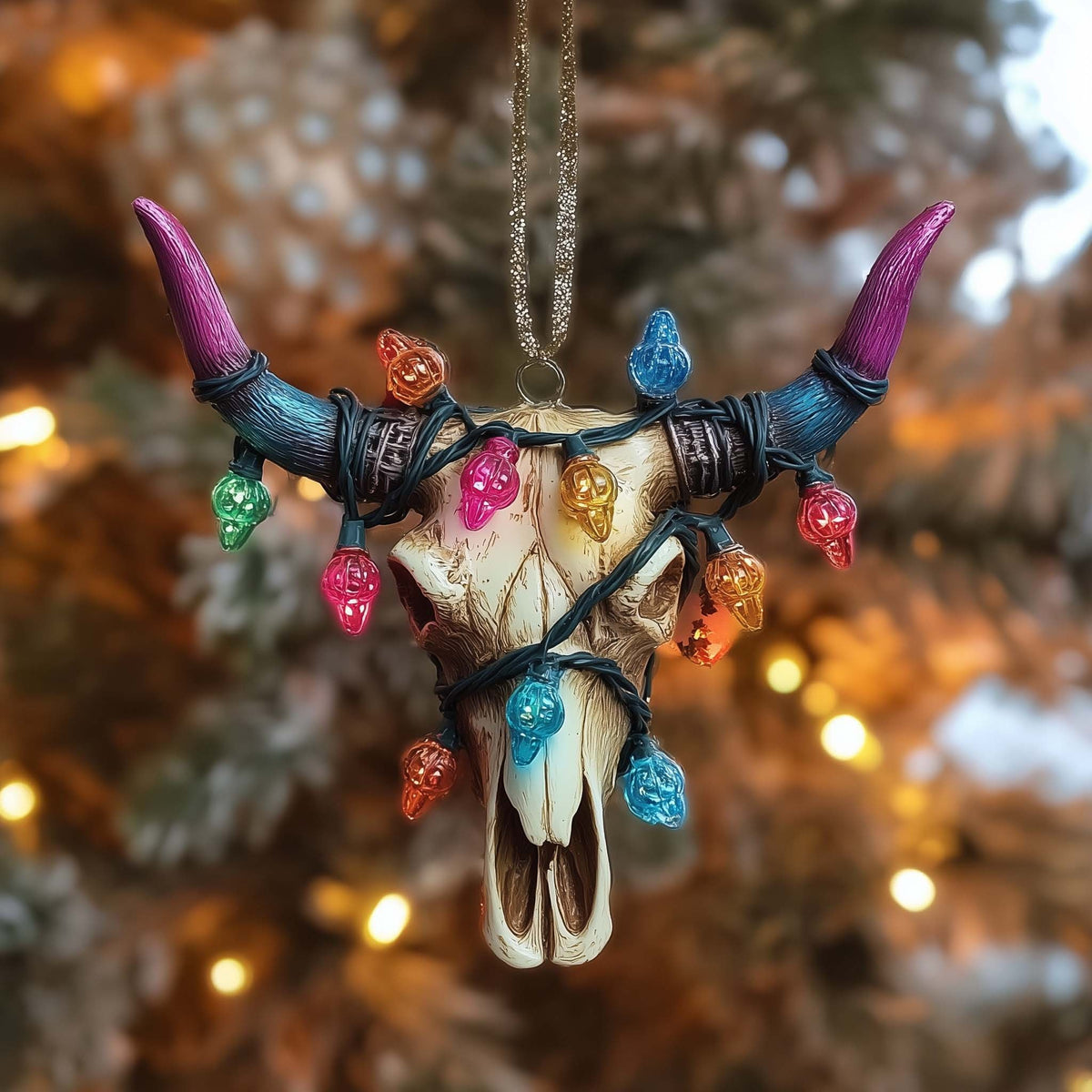 Longhorn Skull with Fairy Lights Christmas Ornament