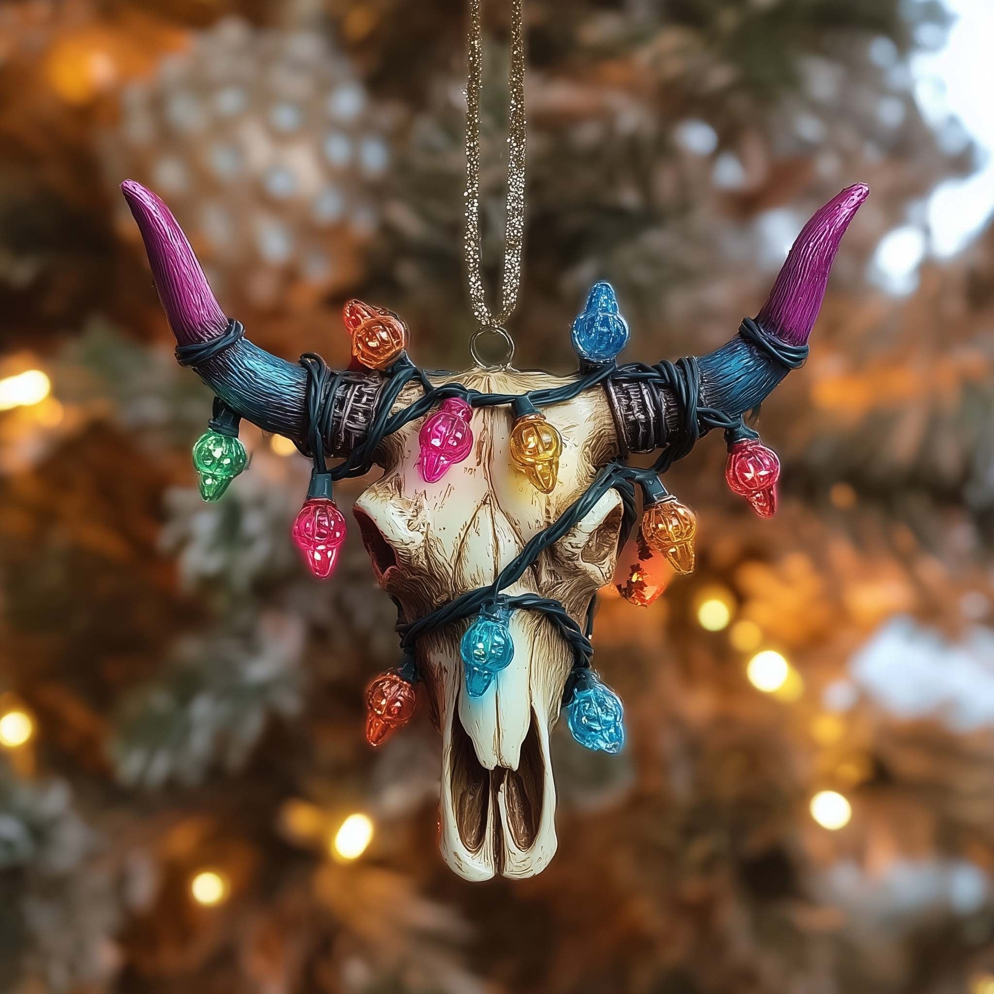 Longhorn Skull with Fairy Lights Christmas Ornament