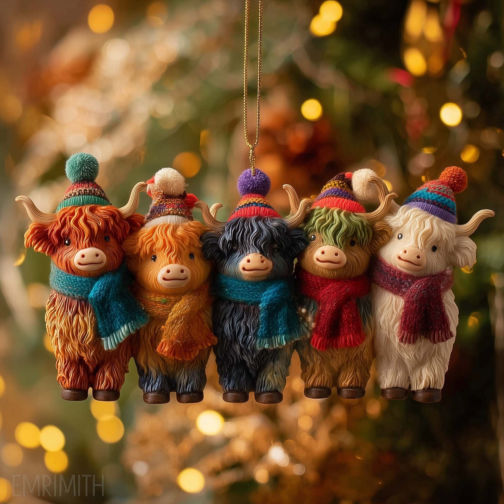 Five Highland Cows in Scarves Christmas Ornament