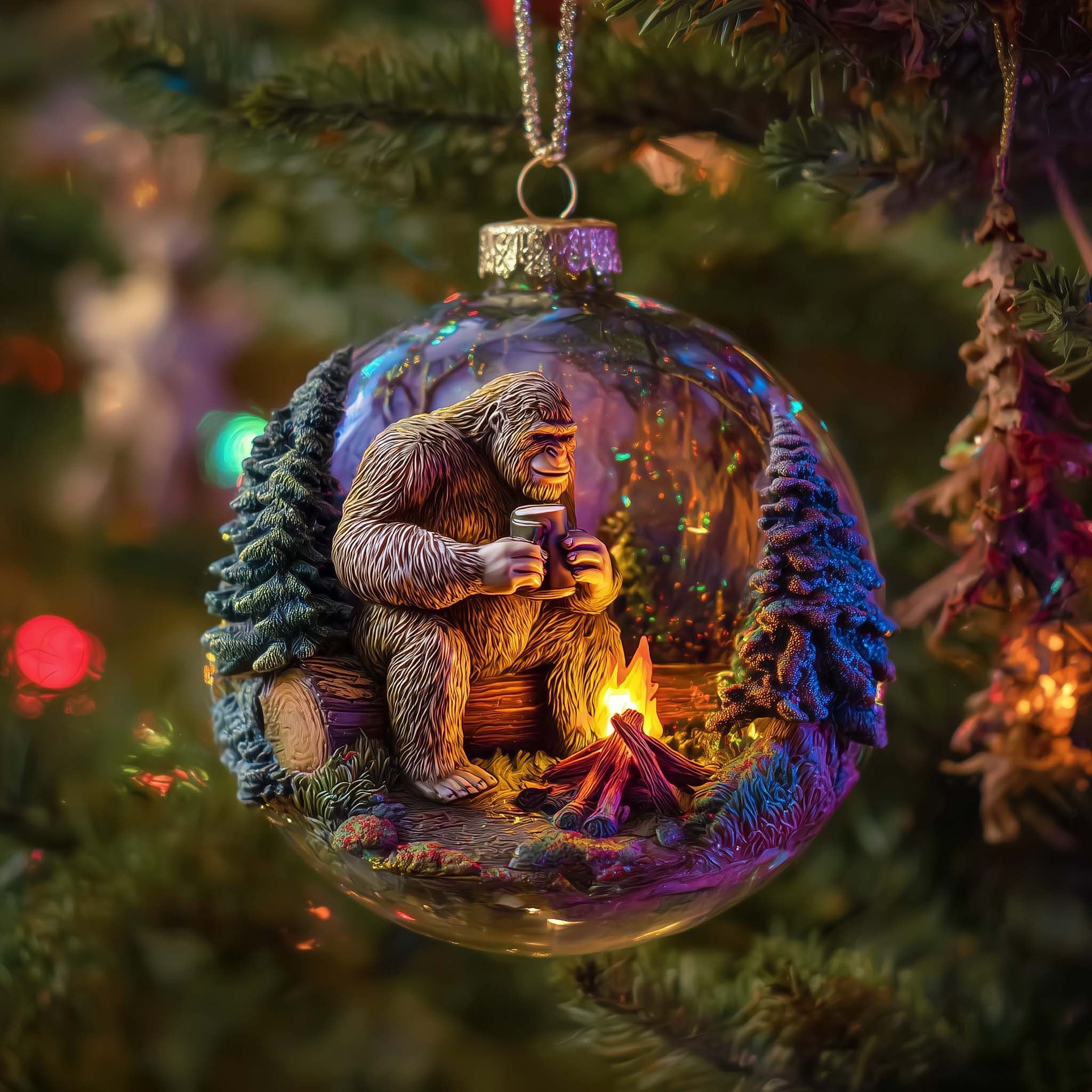 Bigfoot by the Campfire Globe Christmas Ornament
