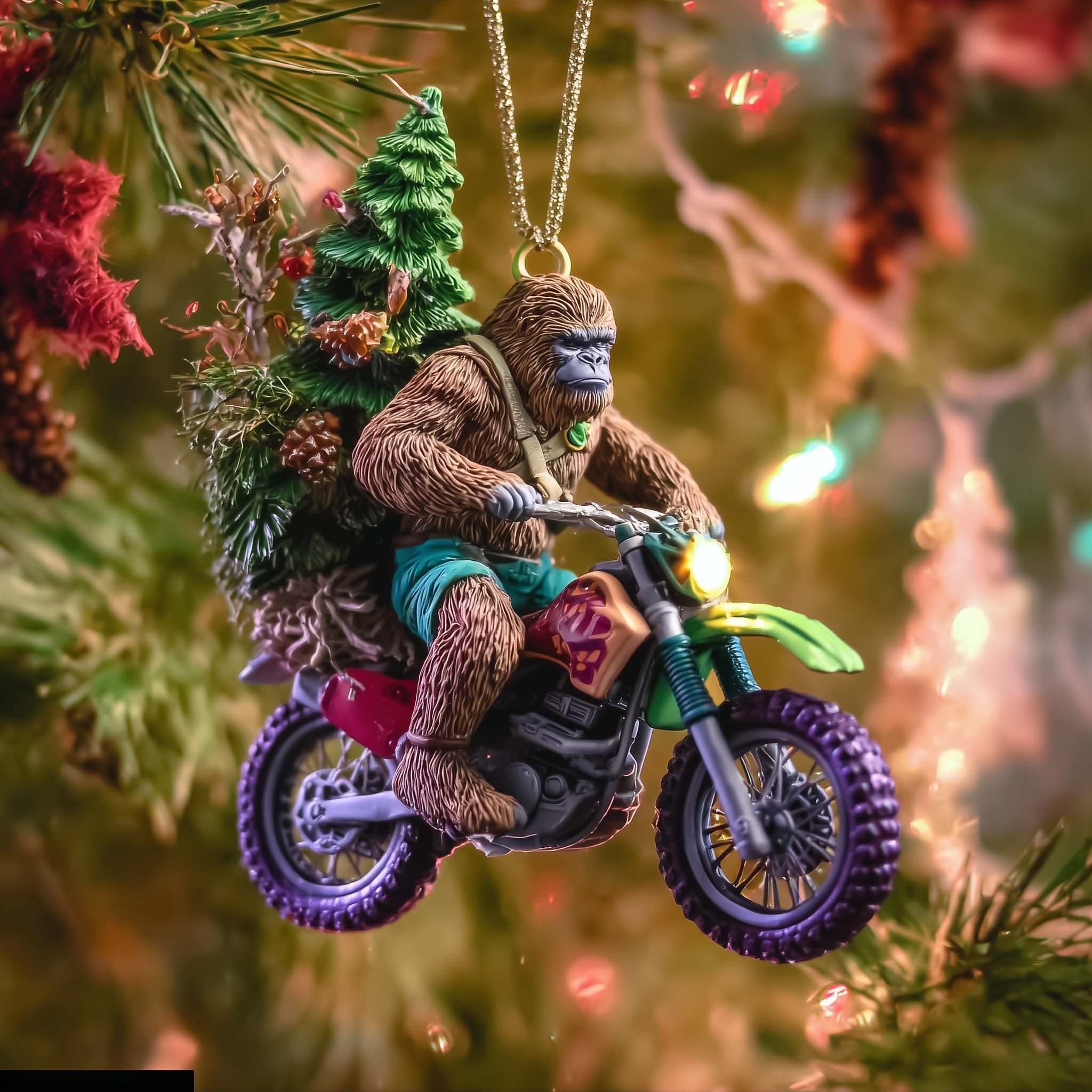 Bigfoot Riding a Purple Motocross Christmas Ornament