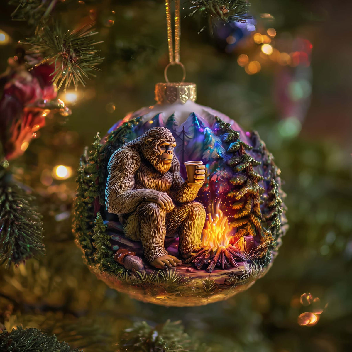 Bigfoot Campfire Cocoa Bauble Christmas Ornament