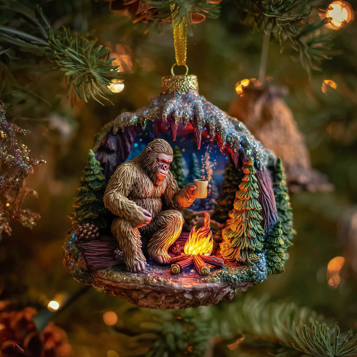 Bigfoot in a Forest Grotto Christmas Ornament