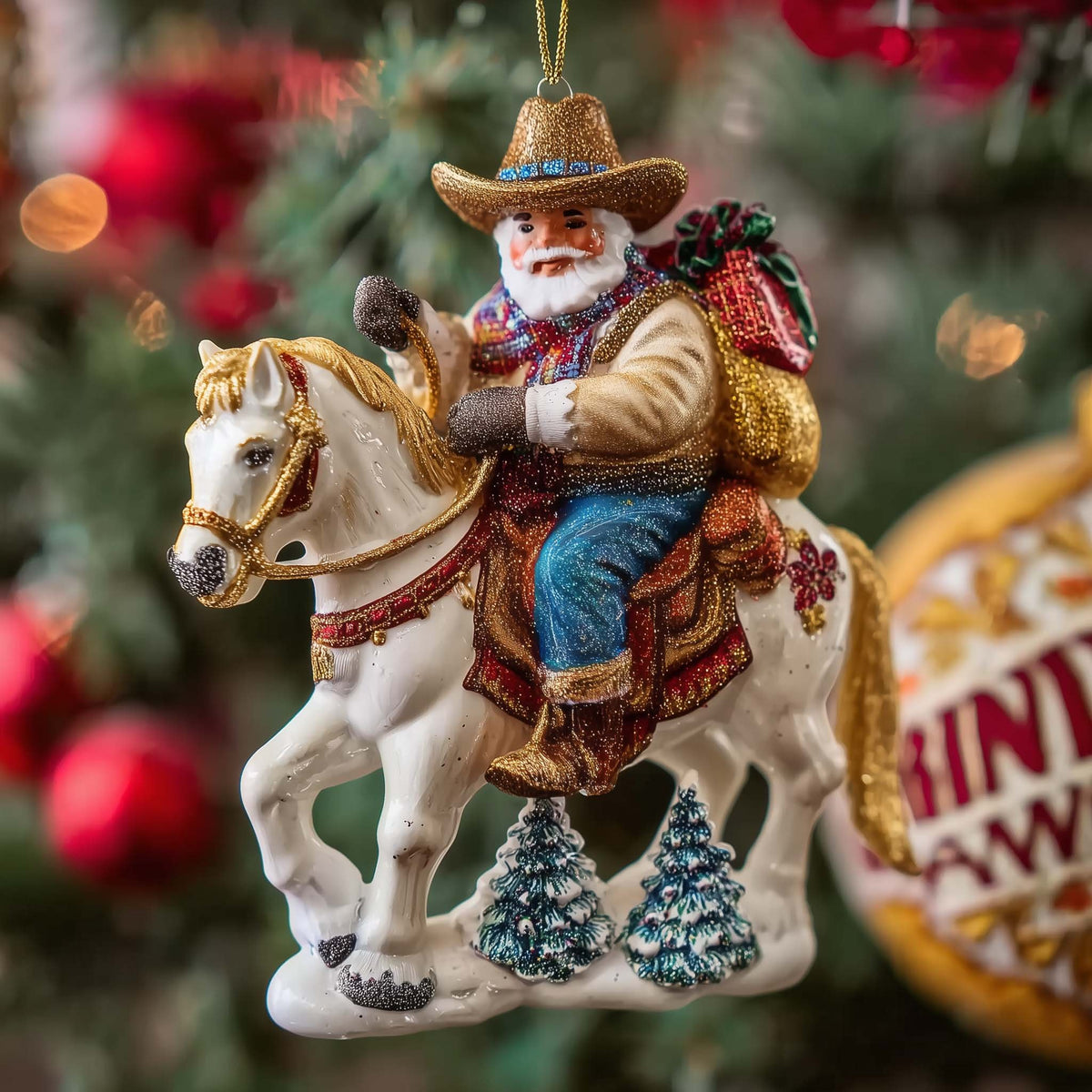 Cowboy Santa on a White Horse Christmas Ornament