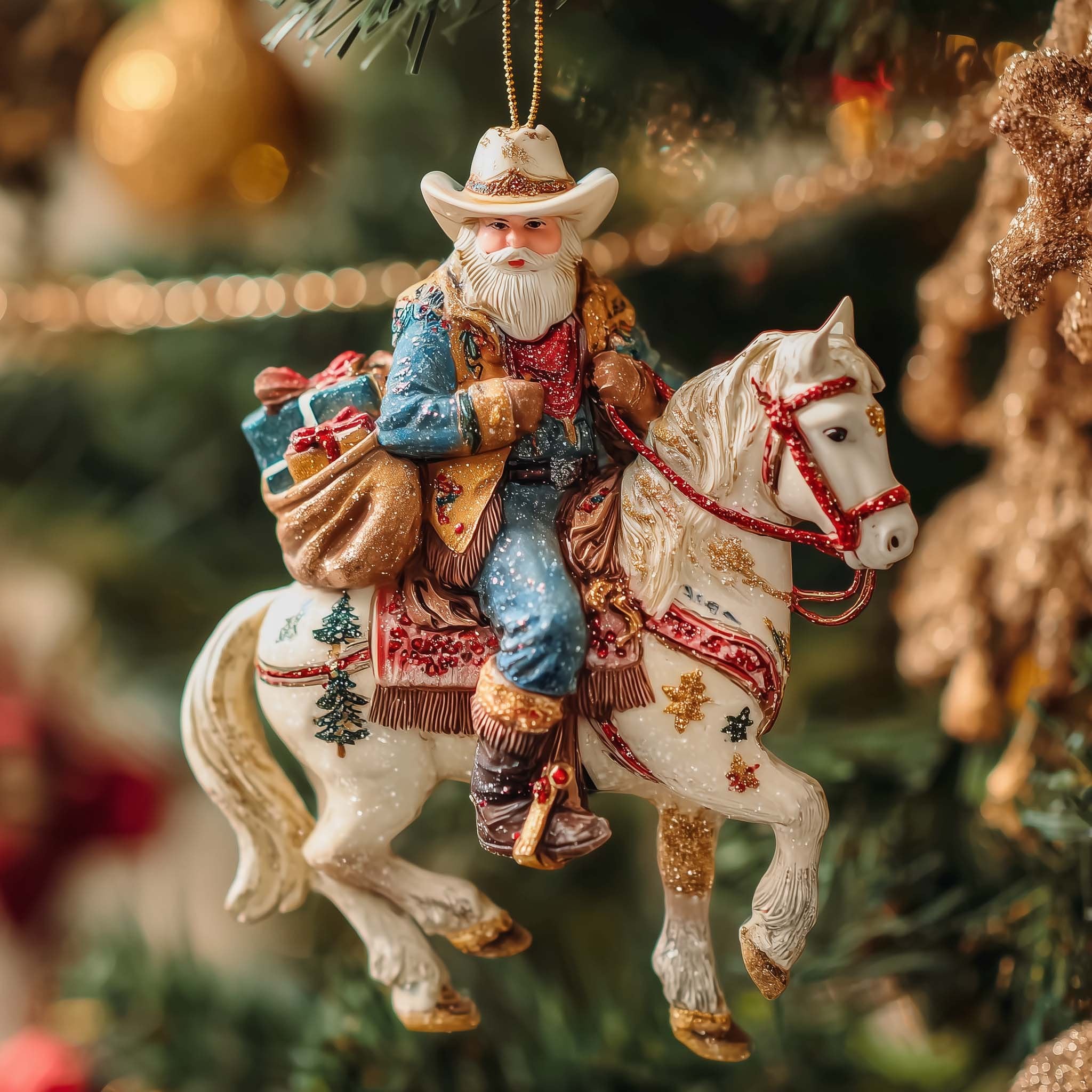 Cowboy Santa Delivering Gifts Christmas Ornament
