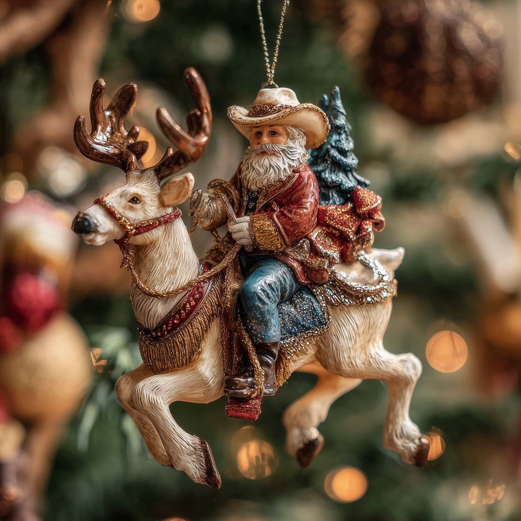 Cowboy Santa on a Reindeer Christmas Ornament